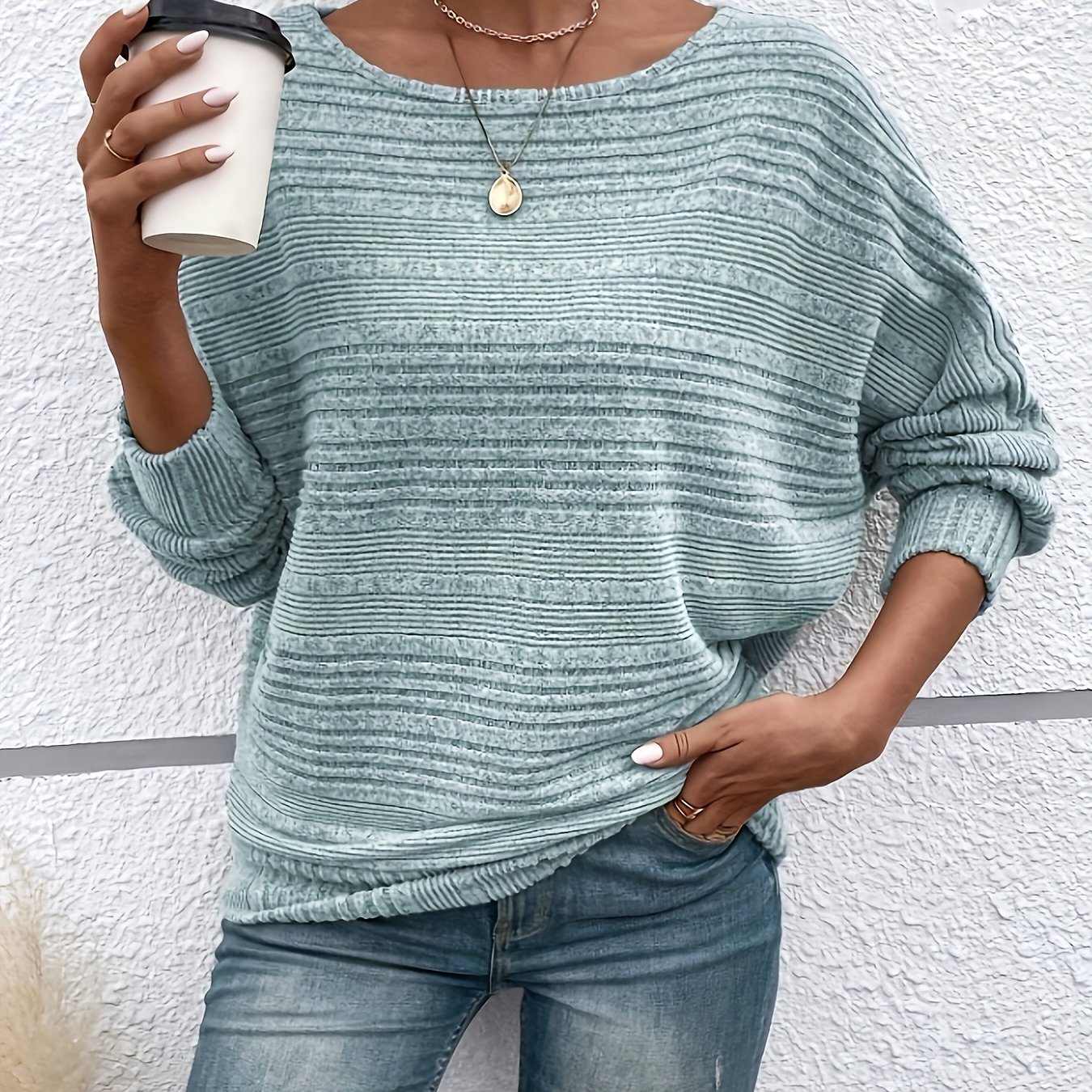 Solid Color Ribbed Batwing Sleeve Sweatshirt