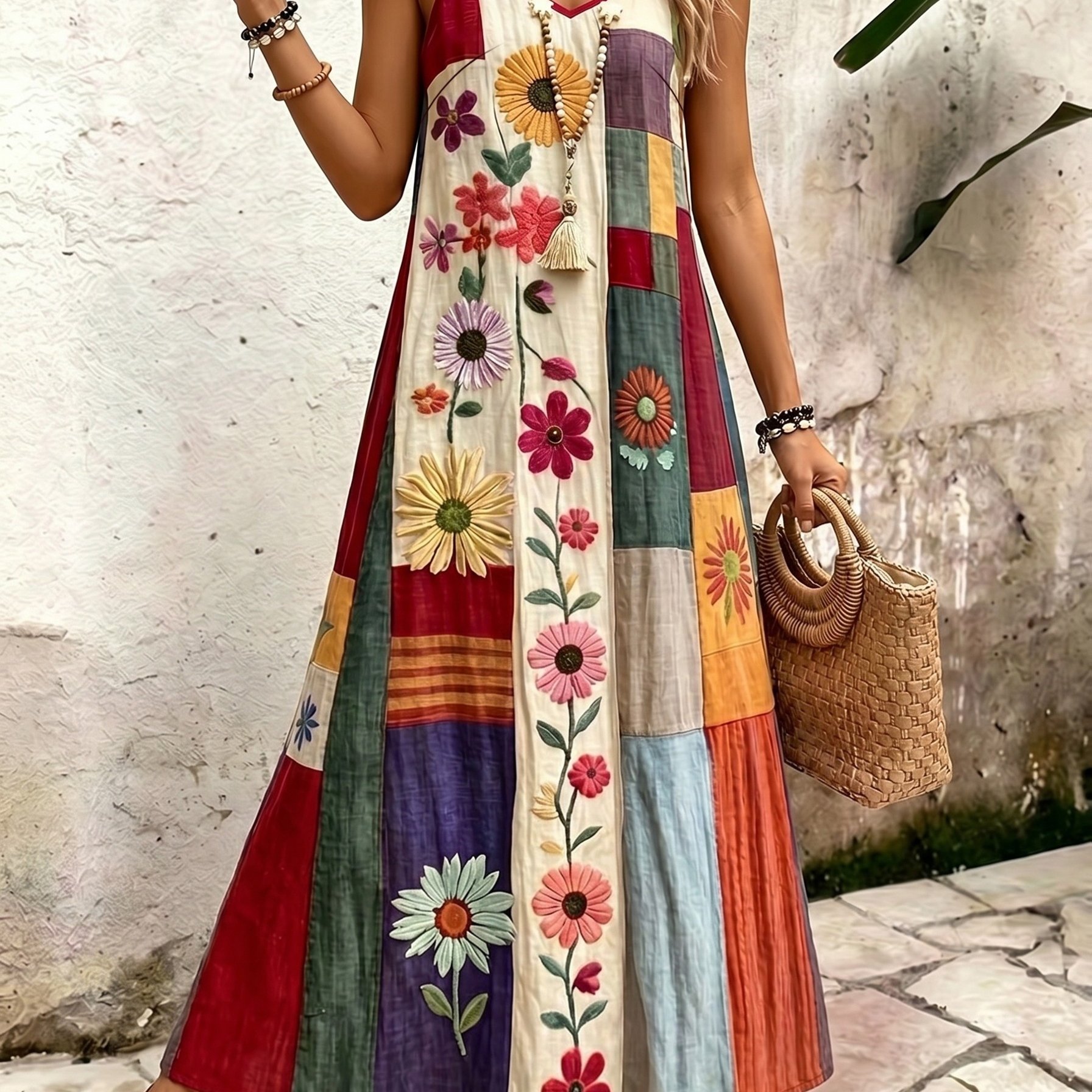 TEMU Wine Red Ethnic Style Suspender Dress V-neck A- Line Bohemian Style Vacation Dress