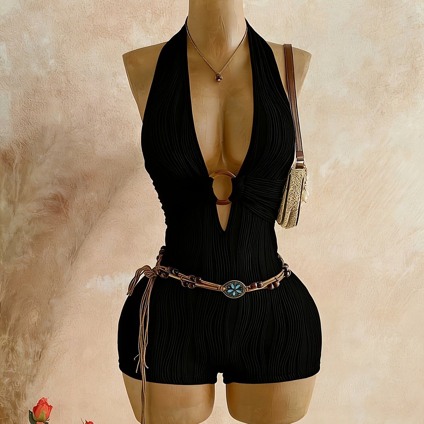 TEMU Women's Black Textured Elegant Backless Circular Jumpsuit, Suitable For Occasions Like Halloween, Christmas, , Vacations, Sexy Outfits, Holiday