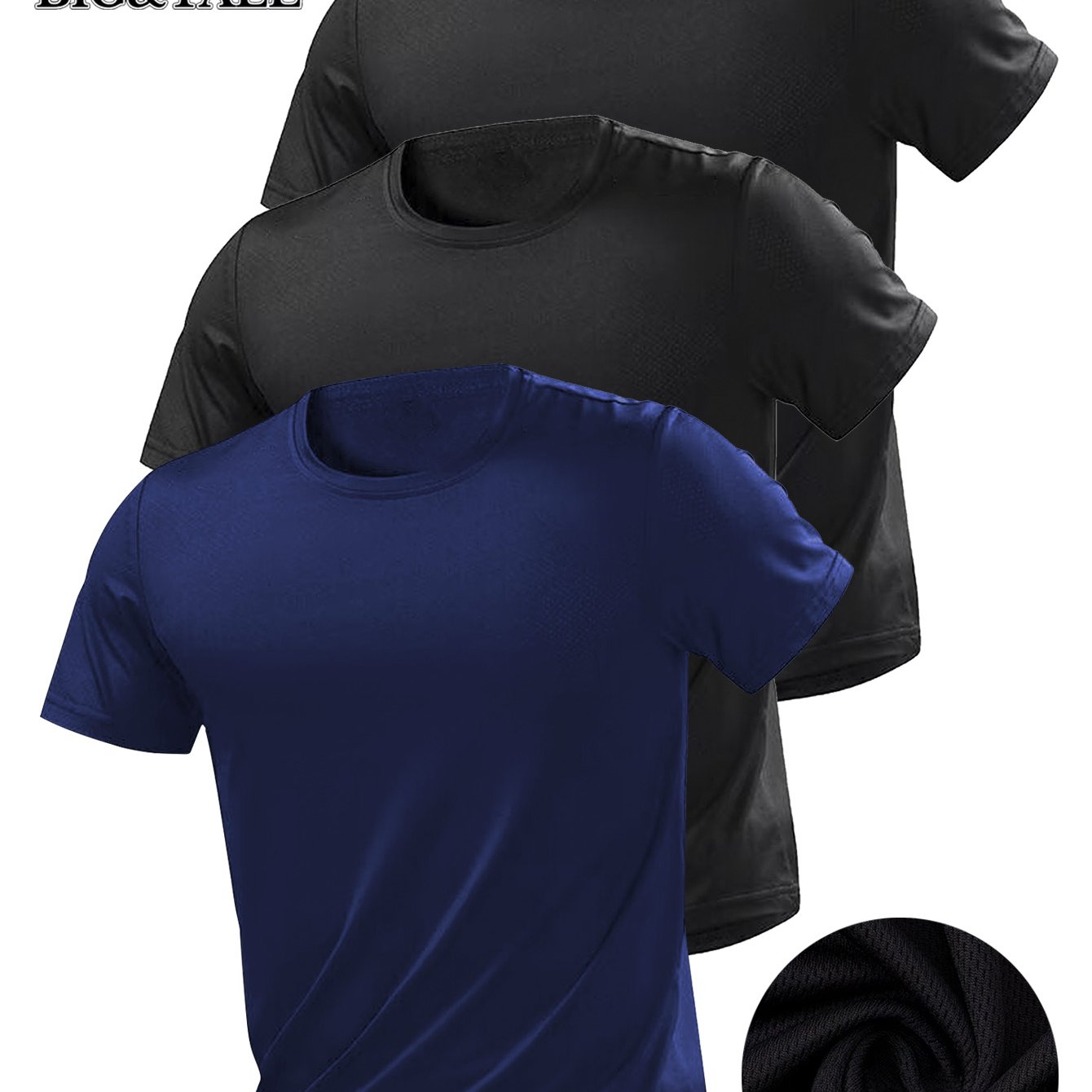 TEMU Plus Size Obese Men's Moisture-wicking Round Neck T-shirt 3pcs Multi-pc, Quick-dry Short Sleeve Athletic Tee, Loose Round Neck Design, Ideal For