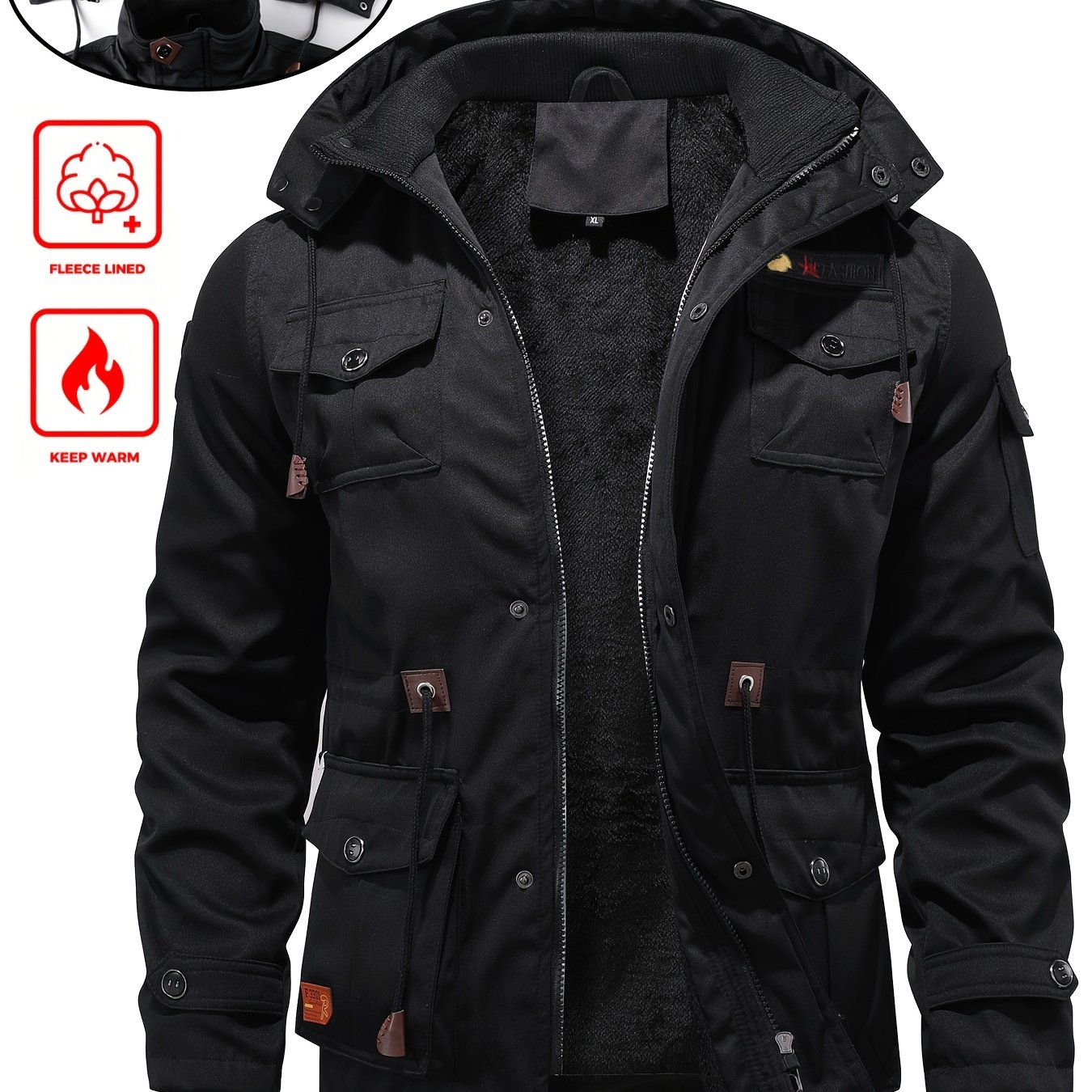 Thickened Warm Parka Mid-length Winter Hooded Fleece-lined Jacket Multi-pocket Casual Men's Removable Hood Solid Color Coat