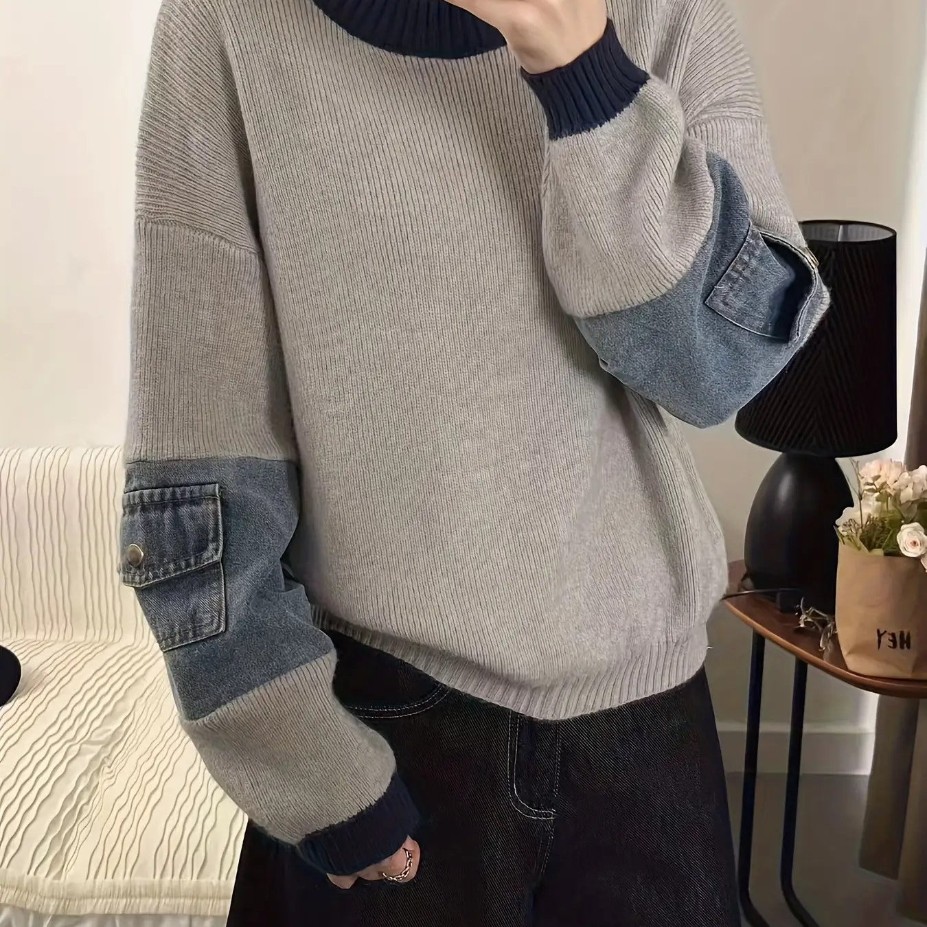 TEMU 【商品名】レディース オーバーサイズ デニム＆セーター - 韓国風 カラーブロック 長袖 プルオーバー、オール カジュアル ルーズフィット セーター デニムパッチワーク、ジーンズドレスのレイヤリングに最適（ベルト不要） - 万能カジュアルウェア