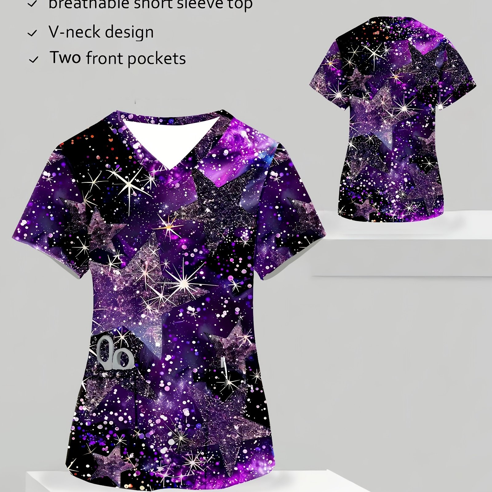 TEMU Plus Size Women's Elegant Stretch V-neck Short Sleeve Top With Print & 2 Pockets - Breathable Polyester Casual Shirt For Spring Summer Fall,