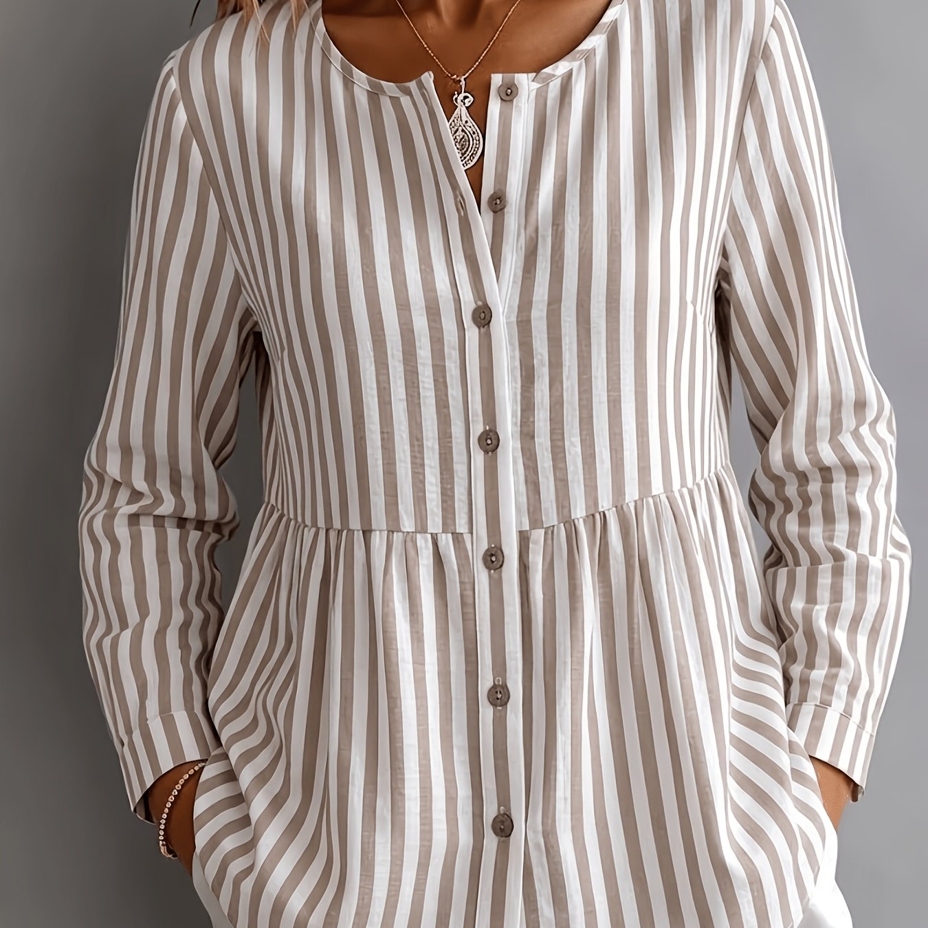 TEMU Plus Size, Women's Plus Size Vertical Striped Blouse Shirt - Button-front H-line Peplum Top With Round Neck & Long Sleeve, Vertical Stripes