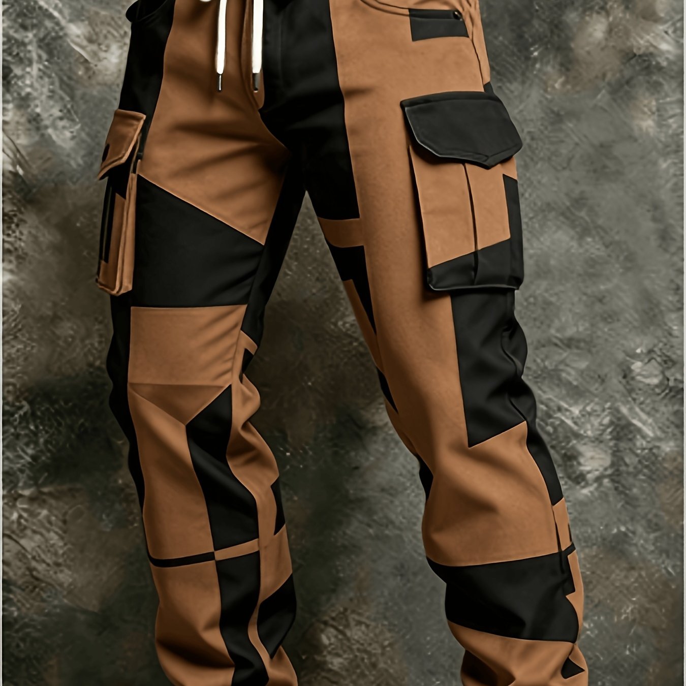 Blue-black Geometric Contrast Multi-pocket Cargo Jogger Pants, Drawstring Waist, Loose Fit, Street Style, Ideal For A Unique And Casual Attire, Perfect For Outdoor, For Teenager