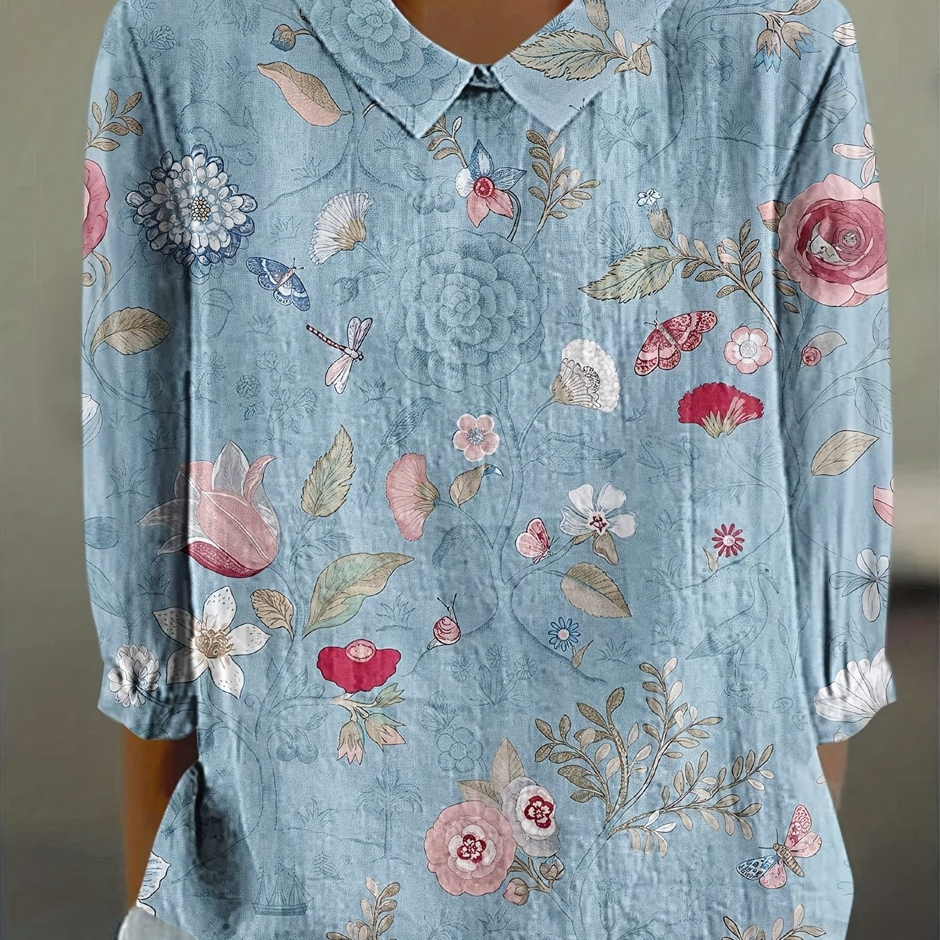E-shop Shimida Damen Vier-Jahreszeiten Vintage Blumenmuster Casual Hemd, Urlaub Alltagslook Lockerer Schnitt Siebenviertel-Ärmel Top mit Revers