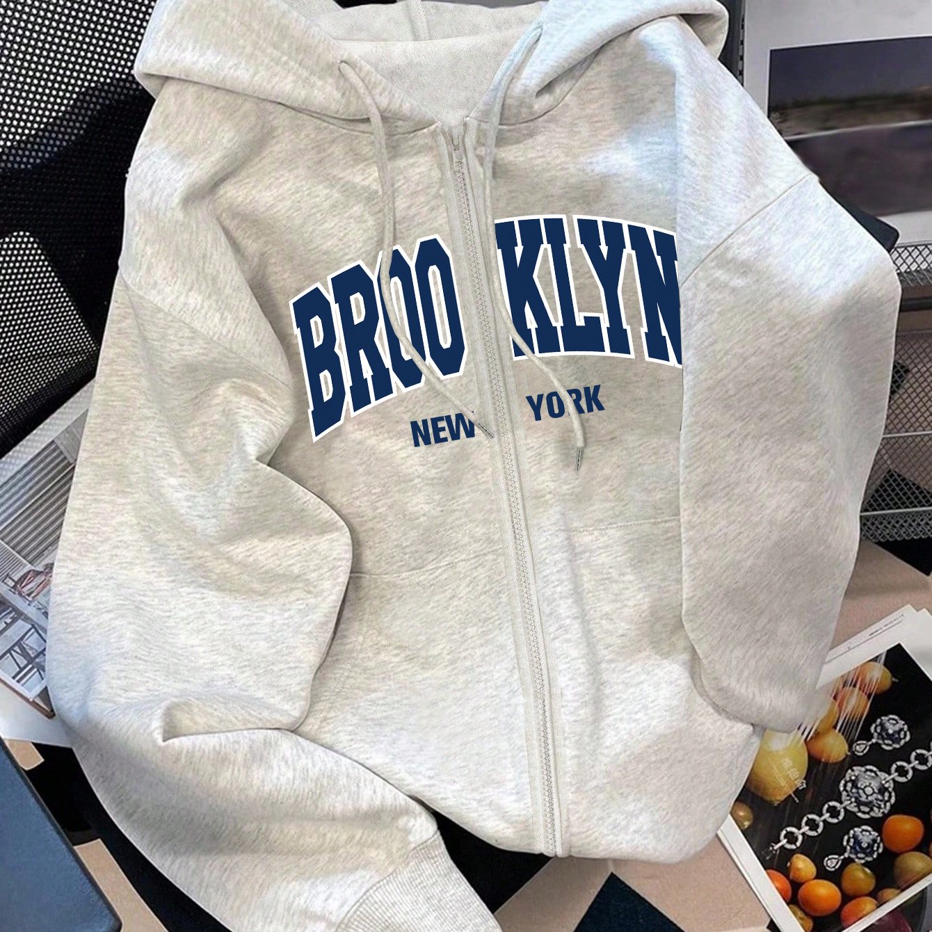 TEMU Brooklyn Letter Print Zipper Women's Sweatshirt Warm Lining Sweatshirt Long Sleeve Hooded Top