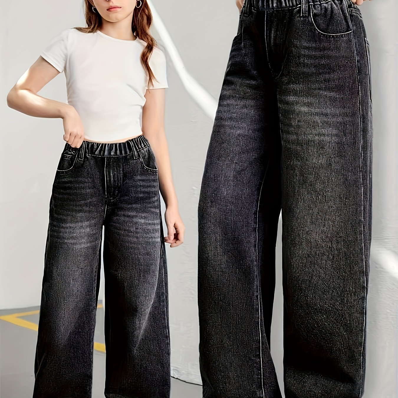 Image of Girls' Jeans, Straight-leg Denim Pants For Young Girls, Y2k Style Washed Denim Design, Elastic Stretch Waistband, Loose And , Basic Fashion Cut, Style, For Daily , Casual Sport Pants