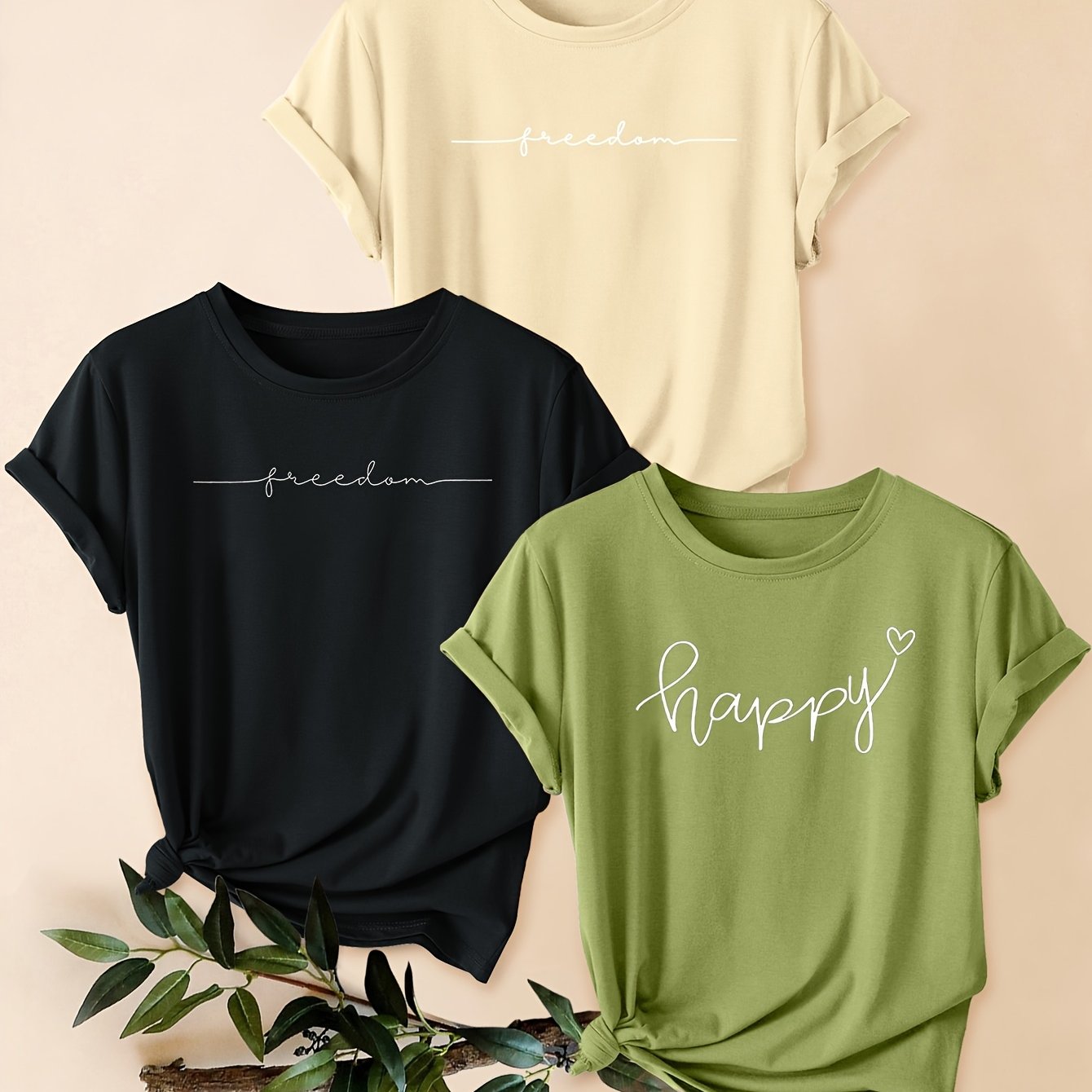 Image of 3pcs Set, Letter English Fashion Retro Style Women's Casual Athletic Style Round Neck Short Sleeve T-shirts