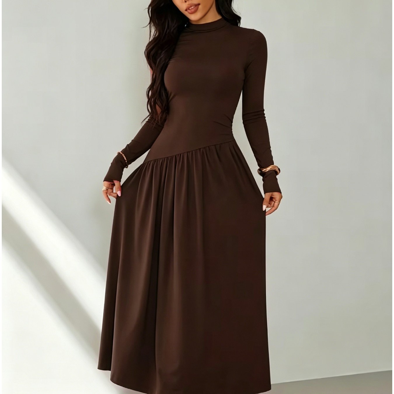 TEMU Robe Western Marron Foncé Col Rond Manches Longues Design Taille Cintrée Patchwork Jupe Fluide avec Robe Longue d'Éveil Ajustée et Extensible