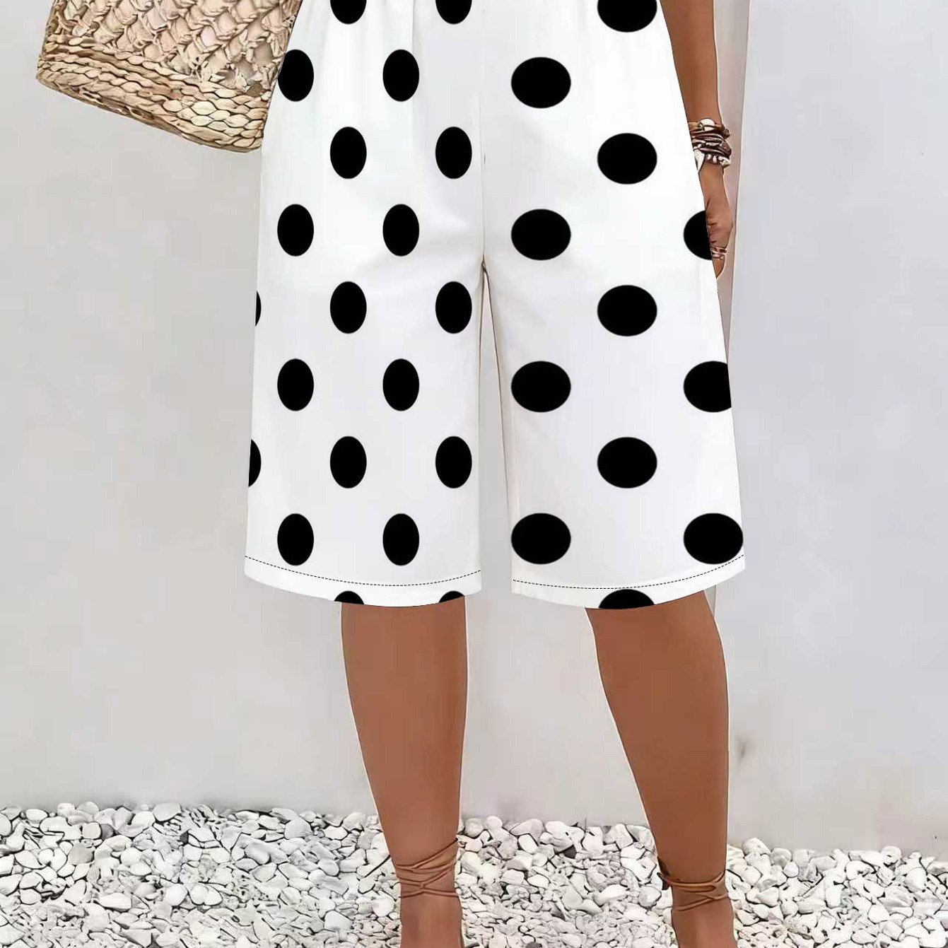 TEMU And White Polka Dot Printed Ankle Wide-leg Bermuda Shorts, With Black Round Dot Pattern, No Texture No Sequins Elastic Waist Loose Straight Cut,