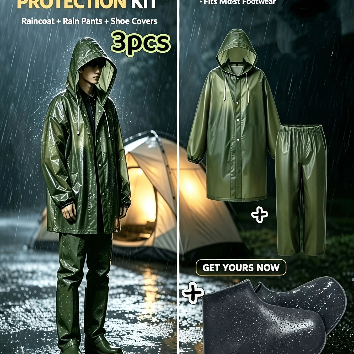 TEMU 3pcs Green Raincoat And Rain Pants And Black Shoe Covers Set, With Anti-slip Rain Shoe Covers, Suitable For Outdoor Camping And Cycling, Unisex