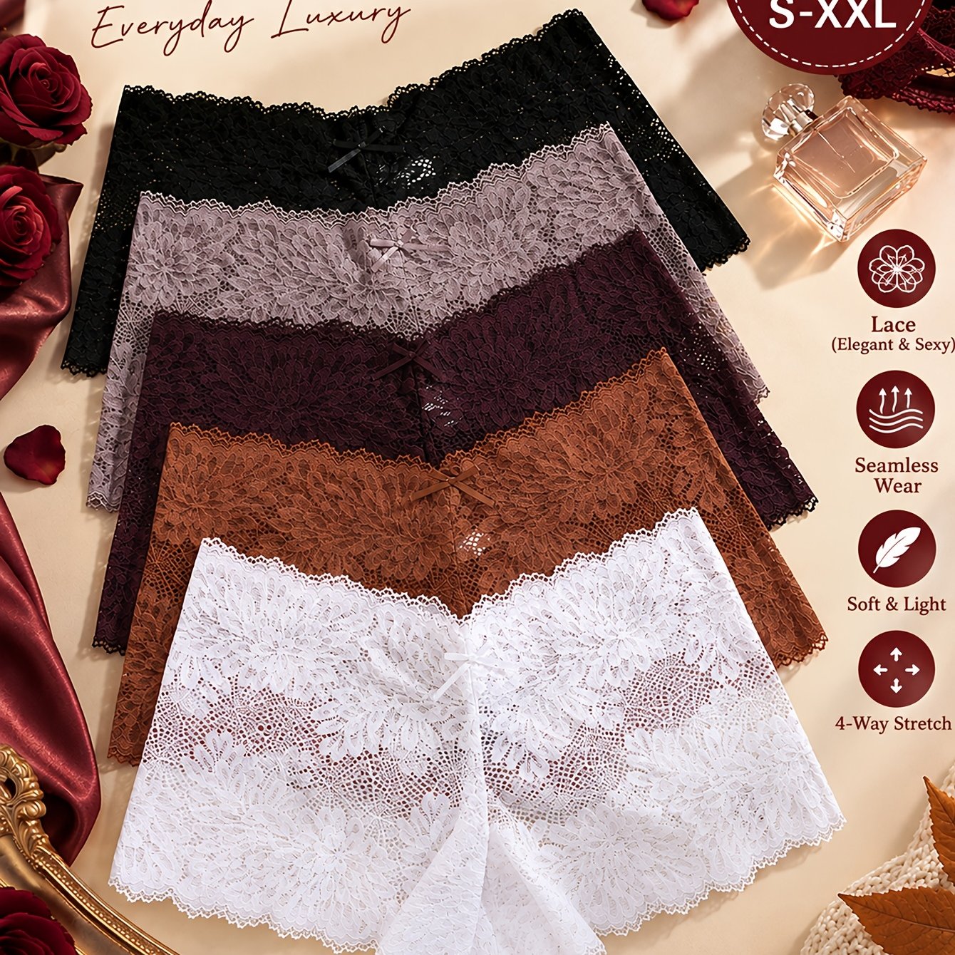 TEMU Set Of 5 Autumn And Winter Women's Underwear, Floral Lace Printed Women's Boxer Shorts