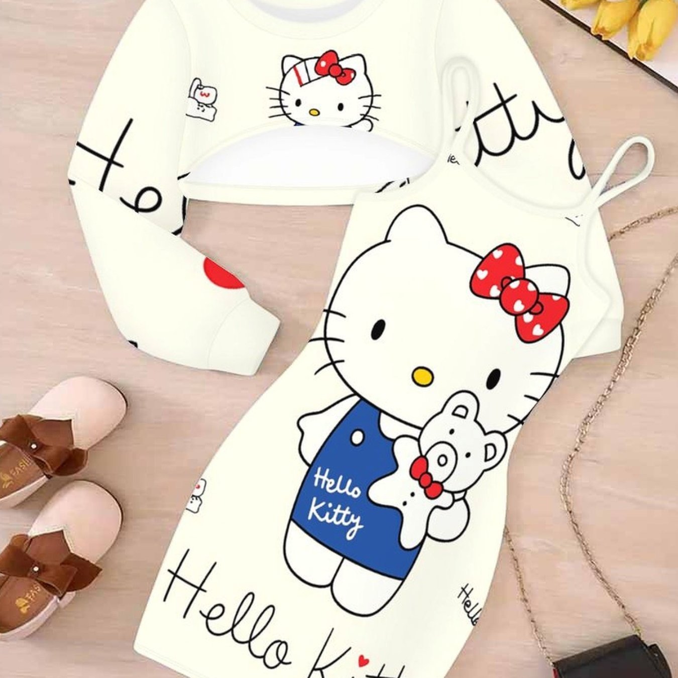 Girls' Clothing Set Casual Versatile Girl And Kuromi Pattern Print Cinnamoroll Long Sleeve Curved Top With Suspender Bodycon Skirt Two-piece Set