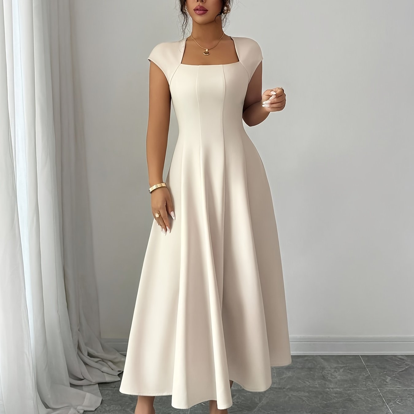 TEMU Ladies' Elegant Solid Neckline Waist-cinching A-line Midi Skirt