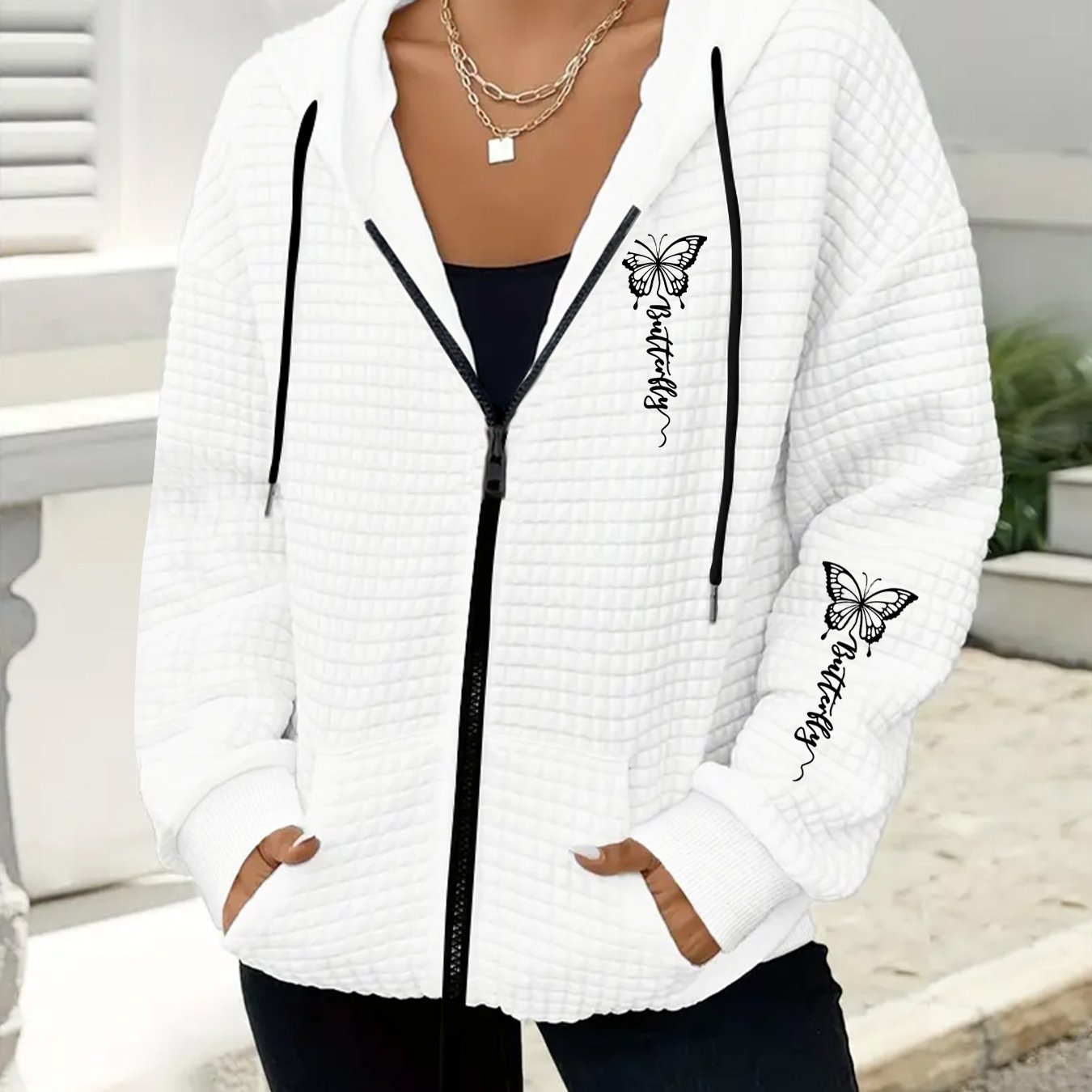 TEMU Plus Size, New Plus Size Women's Jacket Hoodie, Plus Size Women's Fashion Waffle Hooded Sweatshirt Jacket, Hoodie With Pockets, Casual Zip-up