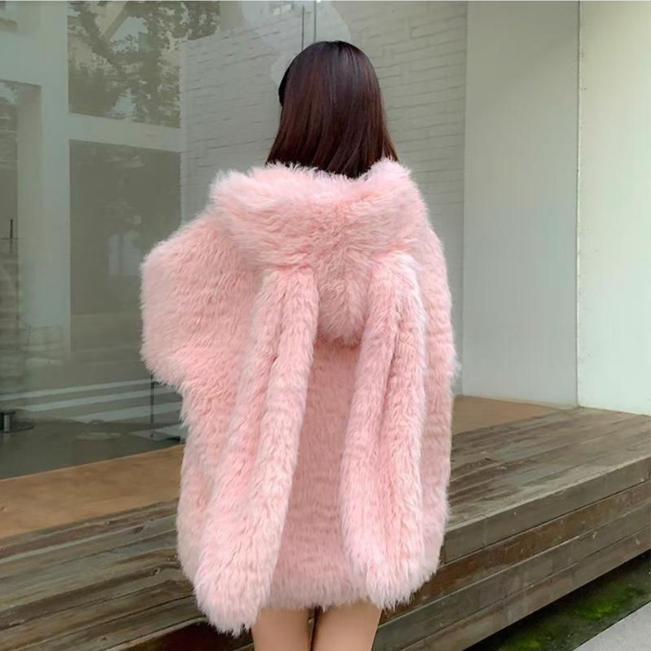TEMU Plus Size Fluffy Bunny Ear Jacket For Women, Cute Oversized Plush Coat, Warm Winter Outerwear (pink/white)