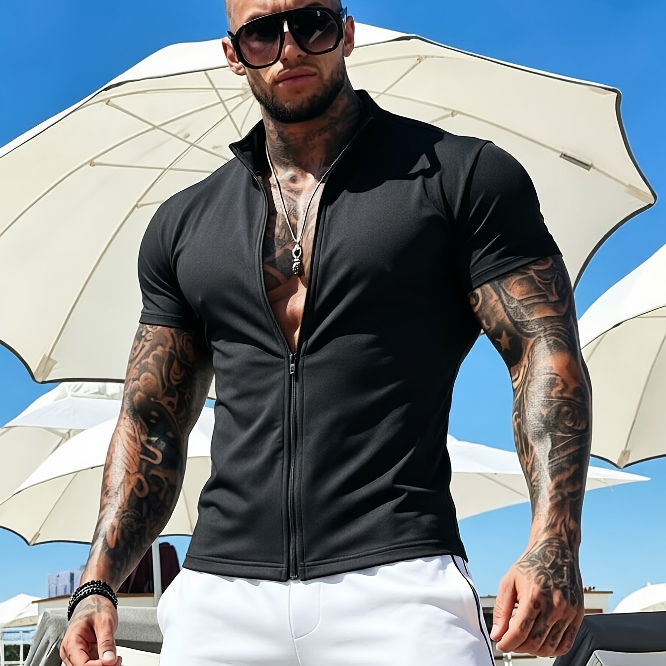 TEMU European Style Solid Color Men's Zipper Short Sleeve Cardigan, Stand Collar Slim Fit, Skin-friendly Summer Short Sleeve Cardigan Sports Jacket