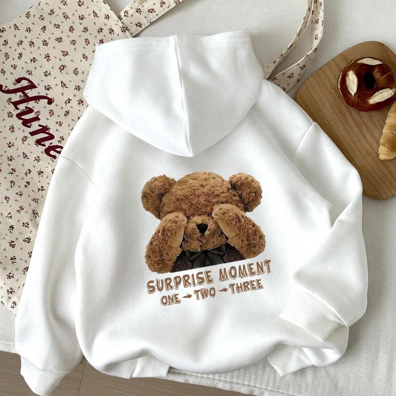 TEMU Women's Casual Hooded Sweatshirt, Cute Teddy Bear Graphic Print And "surprise Moment" Text Fashion Hoodie, Machine Washable , Daily Comfortable