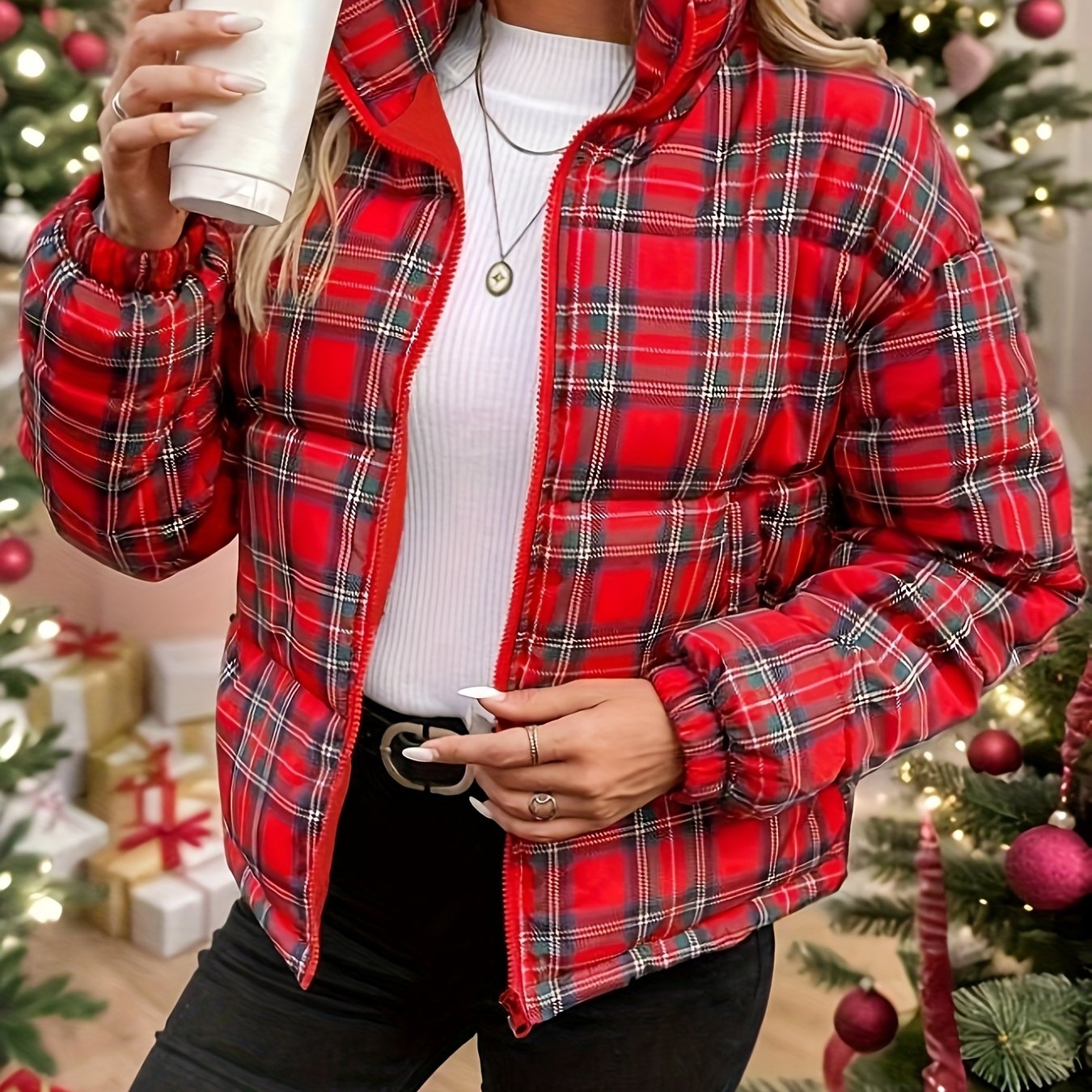 TEMU Moda Femenina Fácil Navideña - Abrigo de Cuadros de Larga con Cremallera de para Otoño/Invierno