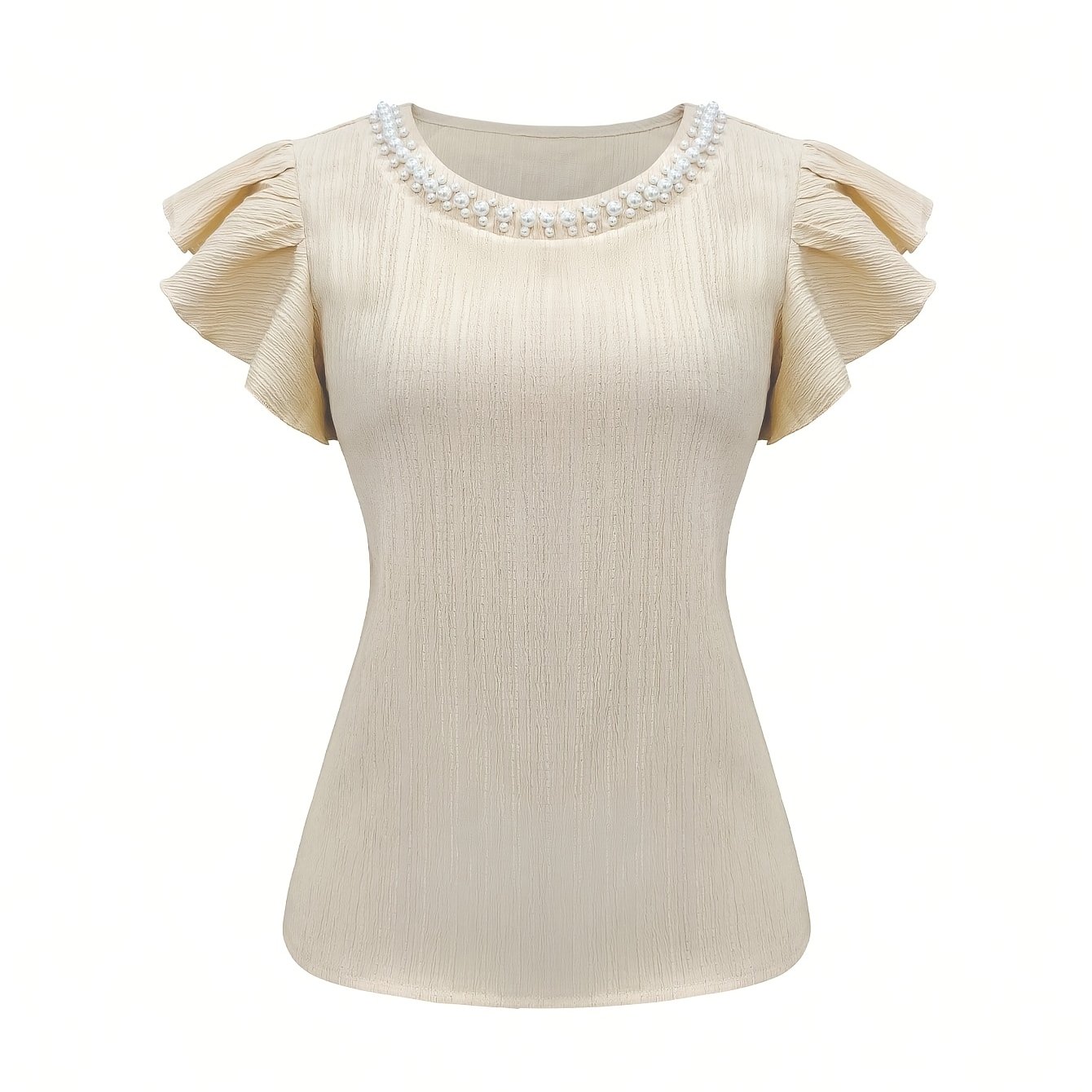 TEMU Women's Pearl-embellished T-shirt - Solid Color Plain Round Neck -compatible Suitable For Blouses, Machine Washable Non-stretch Opaque Top For