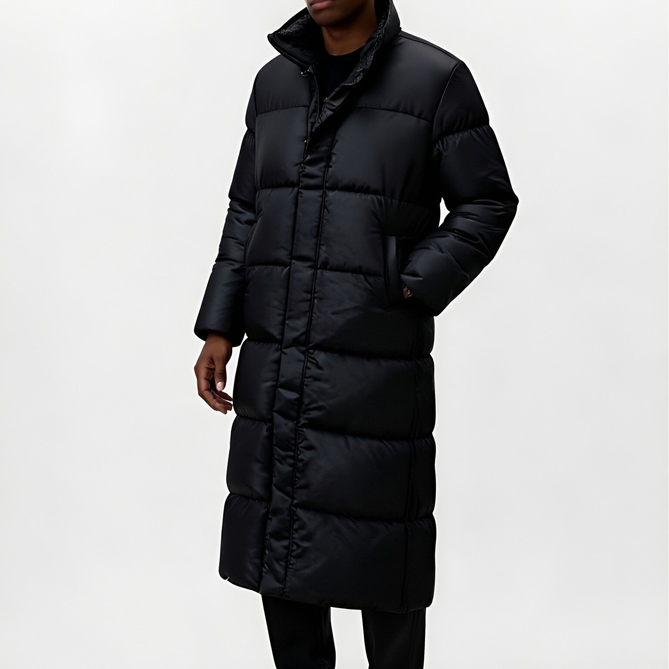 TEMU European And Men's Black Over-the-knee Long Faux Jacket, Collar Thickened Windproof And Warm Outerwear, Winter Trendy Casual Collar Faux,