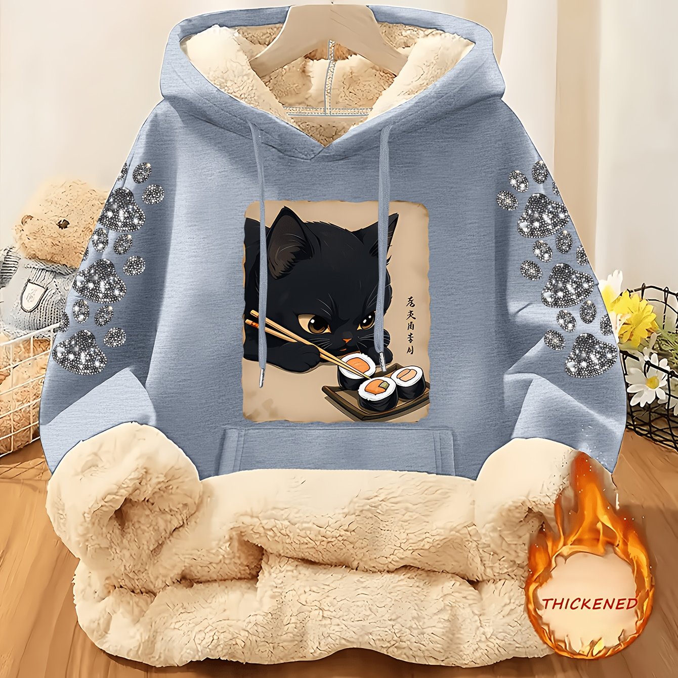 TEMU Creative Black Cat Sushi Paw Print Hoodie For Women, Featuring A Thick And Warm Fabric, Perfect For Casual Wear In The Autumn And Winter .