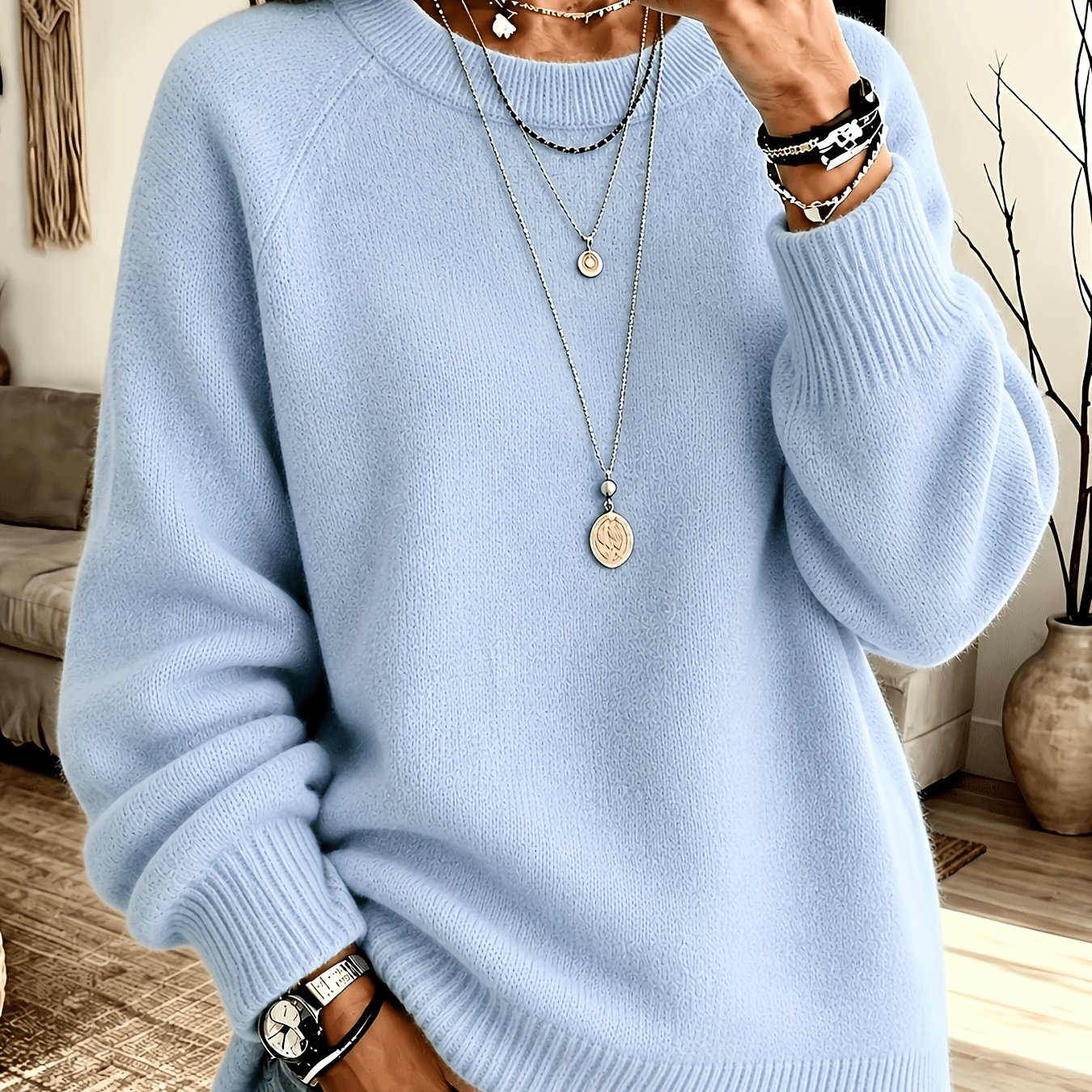TEMU Crew Neck Pullover Sweater, Autumn/winter Solid Color Simple Casual Versatile Women's Top, Soft And Comfortable Inner Layer Fashion Item