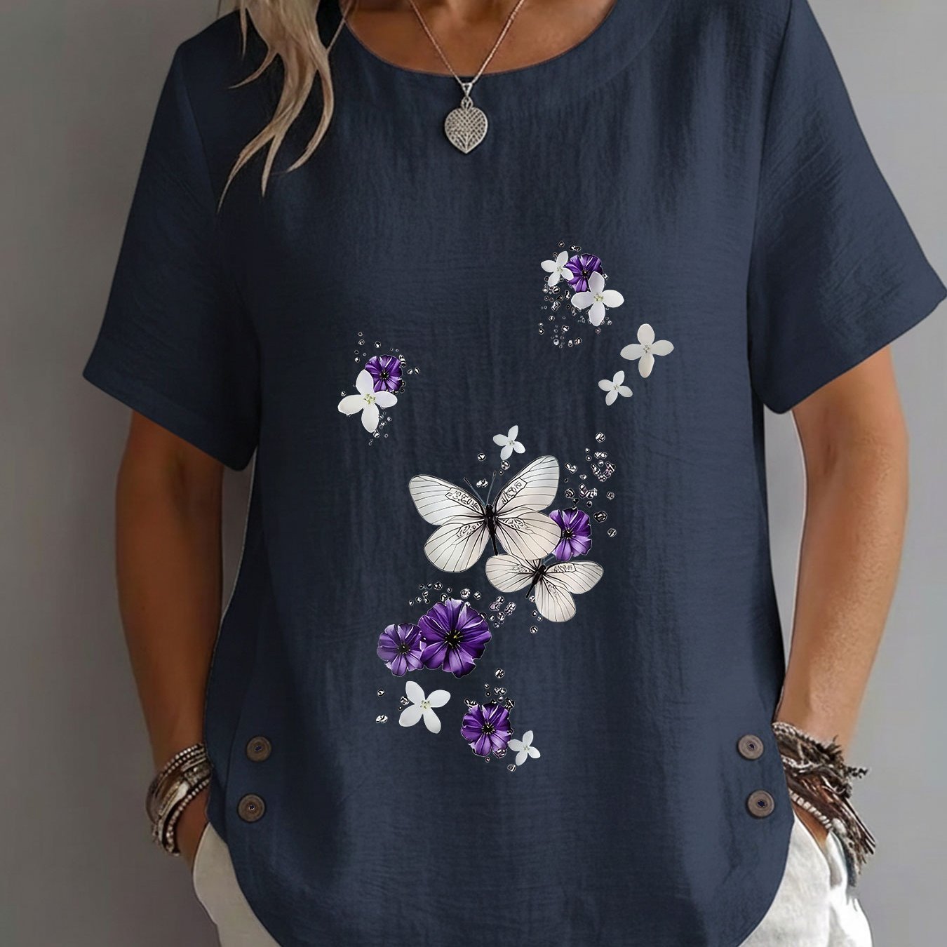 TEMU Spring/summer Women's Top, , , Flower, Print, Elegant, Mature, Casual, Round Neck, Short Sleeve, Women's Clothing