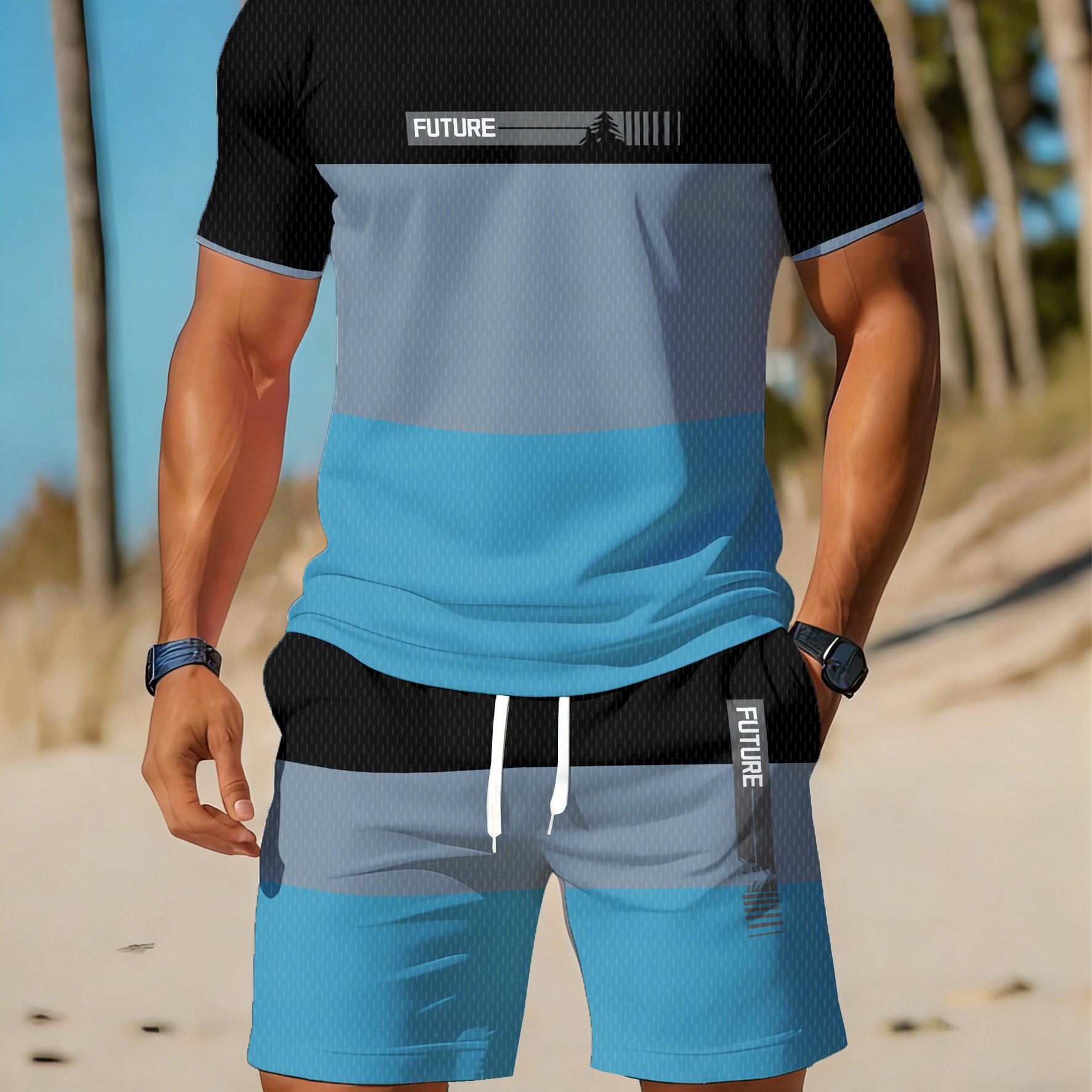 Image of Men's Summer Casual Sportswear Set Featuring A Breathable Round-neck T-shirt And Shorts With