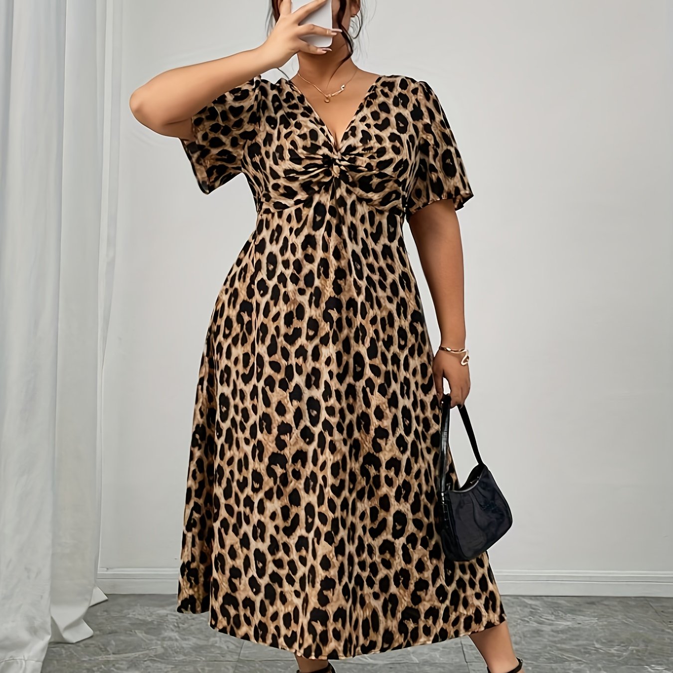 Plus Size, Vintage Leopard Print Short-sleeved Twist-waist Dress