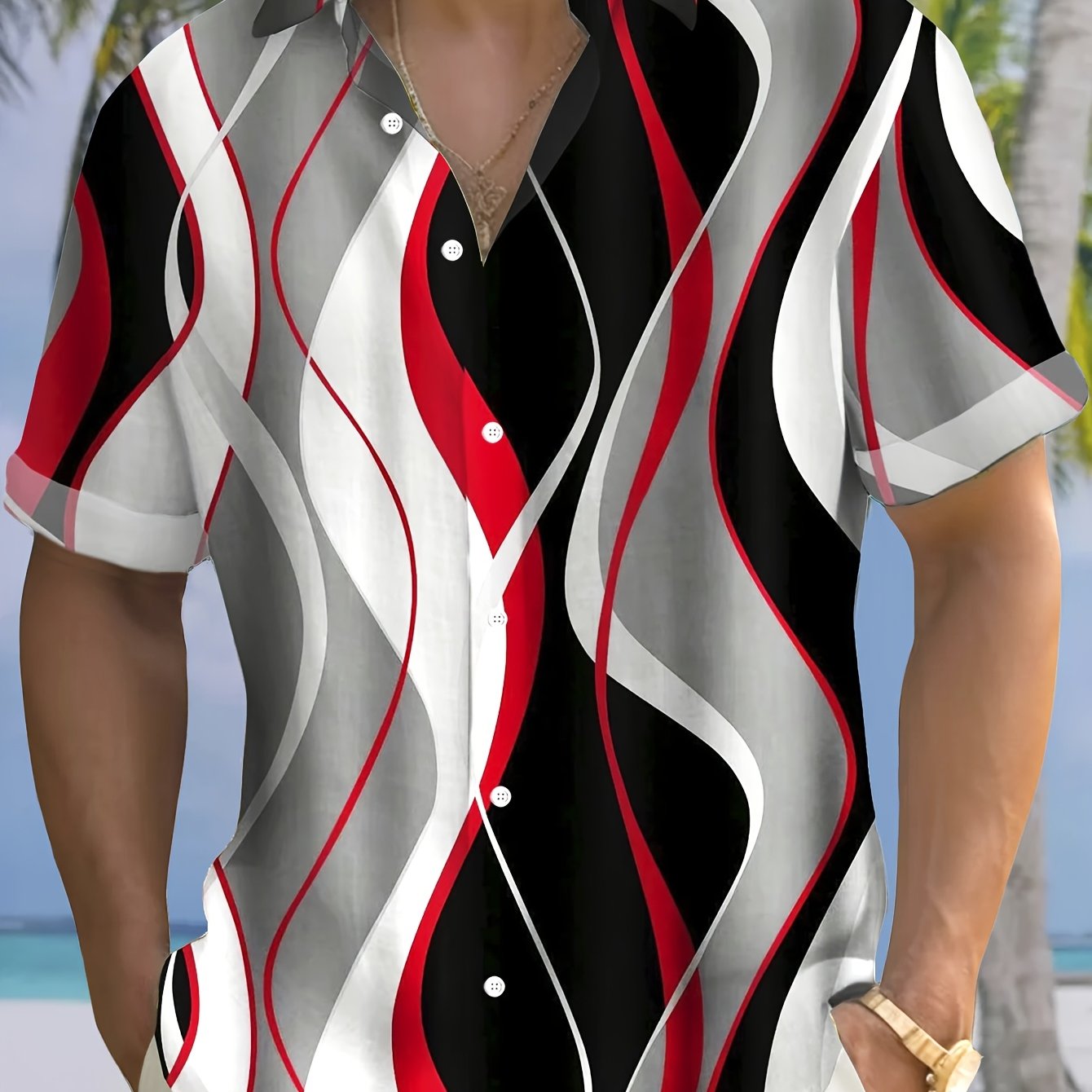 TEMU Retro Geometric Gradient Men's Button Pocket Short Sleeve Shirt, Plus Size