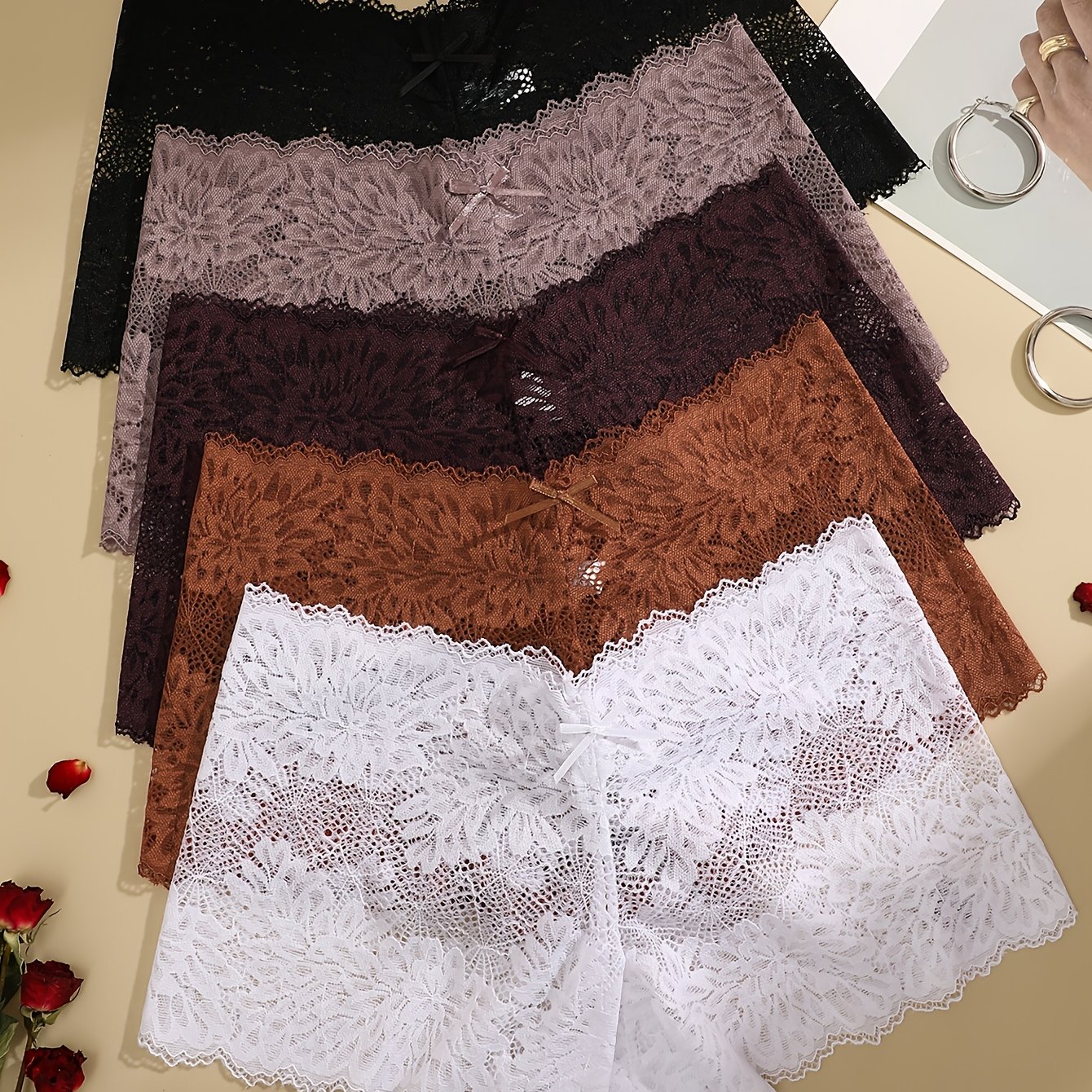TEMU Set Of 5 Autumn And Winter Women's Underwear, Floral Lace Printed Women's Boxer Shorts