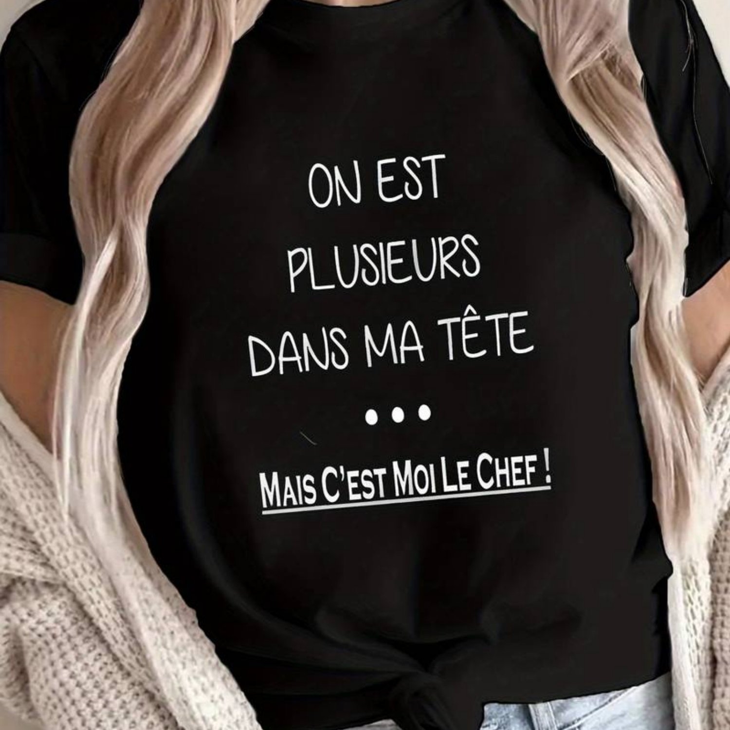 TEMU T-Shirt Femme avec Française - Impression "On Est Plusieurs Dans Ma Tête", Design Original de Plainte Française, Blouse Décontractée à Col Rond