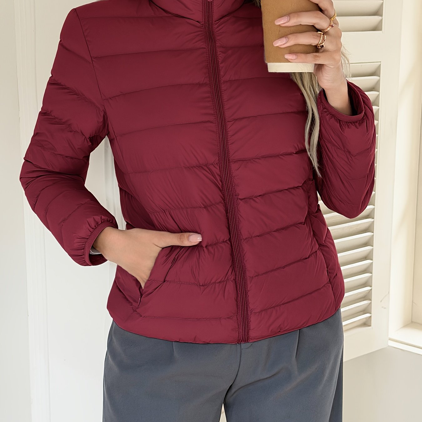 TEMU Fashionable Versatile Lightweight Jacket | Solid Color, Elegant Style, 41g Duck Down, Ideal For Fall/winter