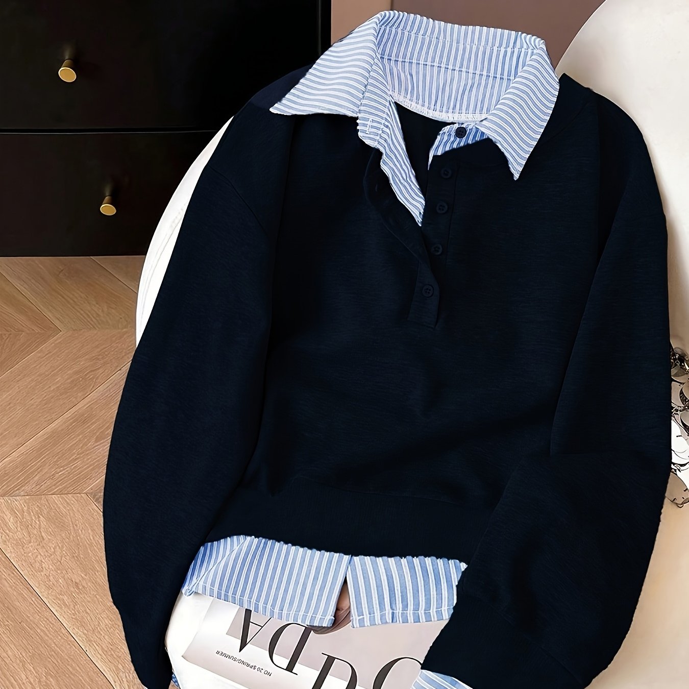 TEMU Sweatshirt décontracté à manches longues, à demi-fermeture éclair et boutons, à imprimé rayé, pour femme, grande taille