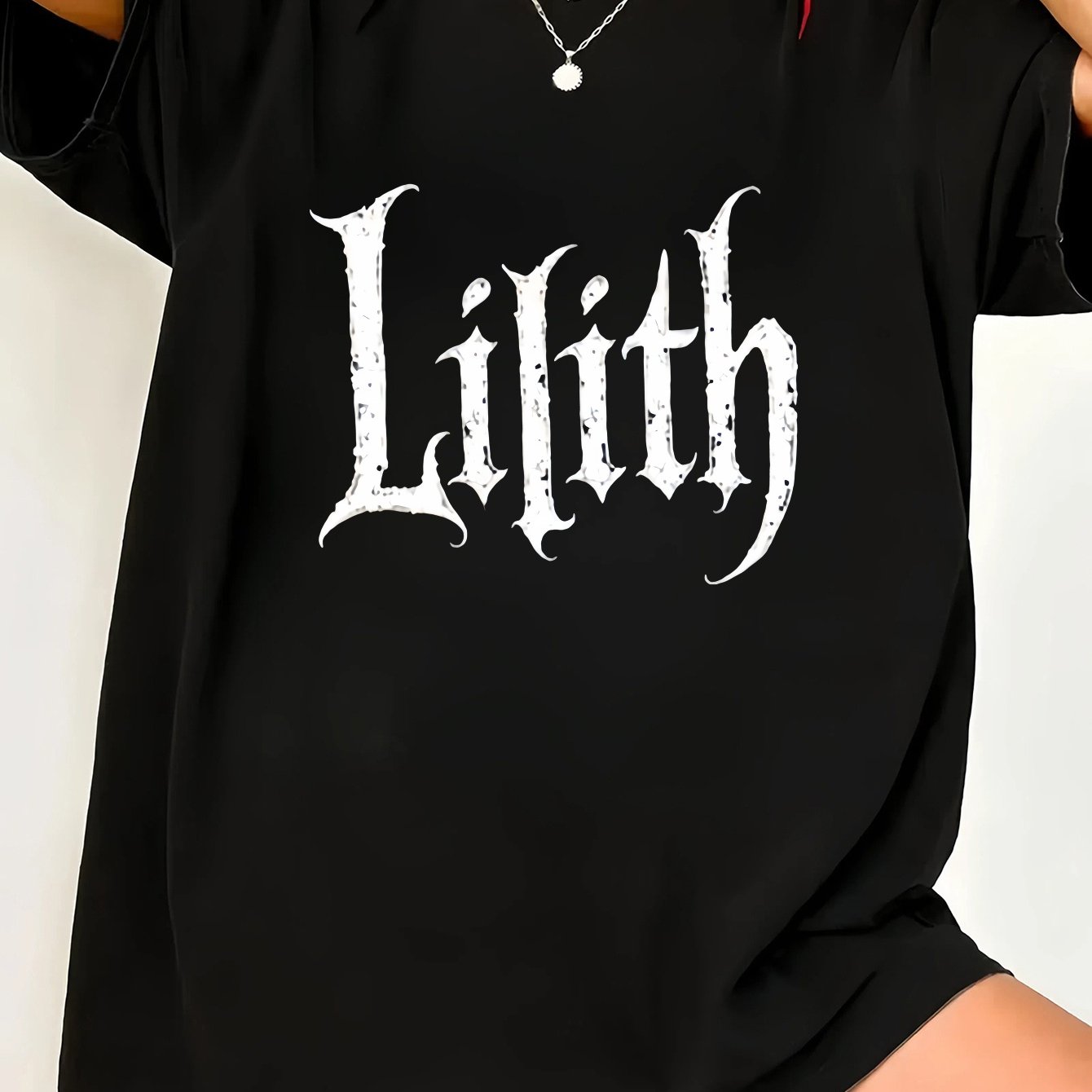 TEMU Damen-T-Shirt in Übergröße, Rundhals, Kurzarm, 0XL-8XL, Lilith Gothic Vintage-Schriftzug-Druck-Top, dunkler Stil, lässige lockere Passform