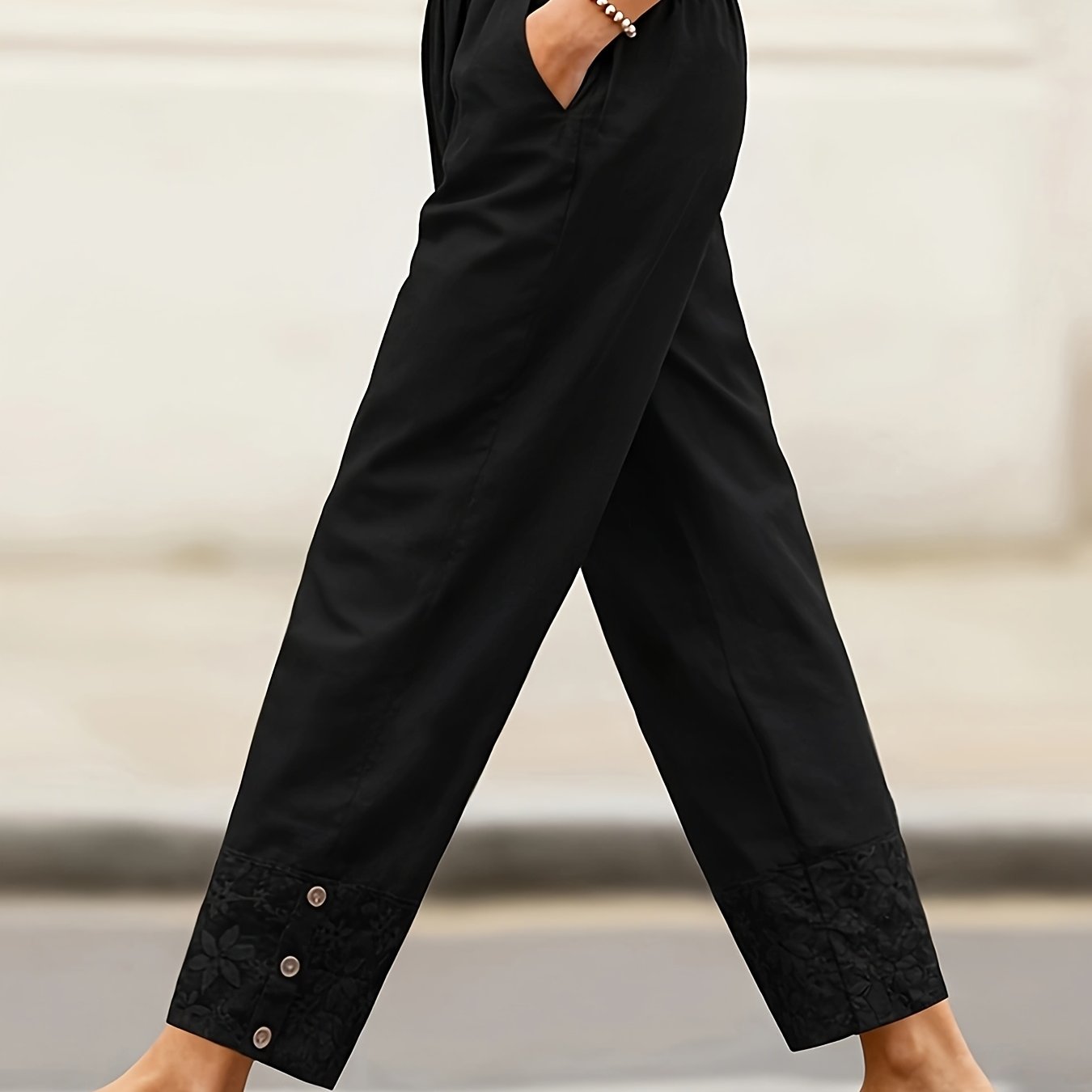 TEMU Casual Floral Black Pants With An Elastic Waistband For . Embroidered Cuffs Add An Extra Touch Of Style.