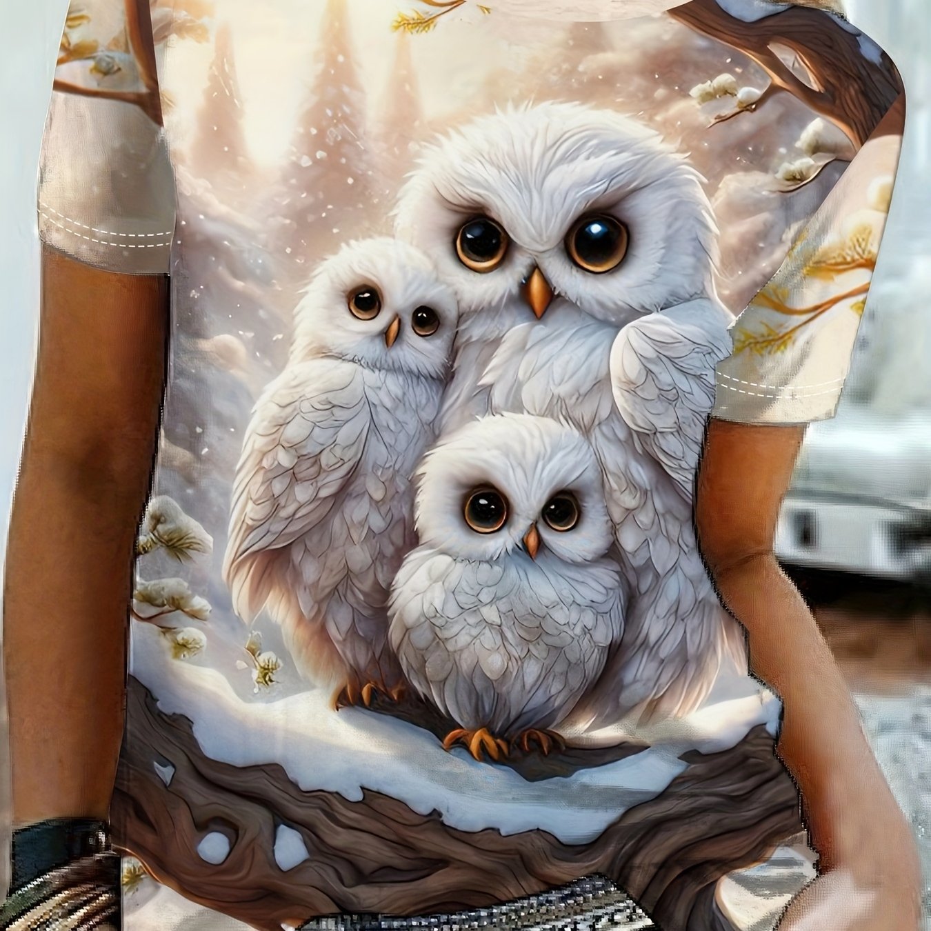Image of Women's Snowy Owl Print Round Neck Casual Short Sleeve