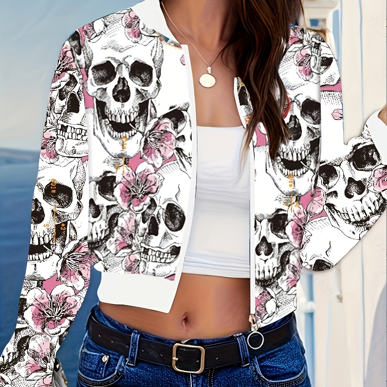 Skull Print Zip Front Cardigan, Casual Long Lantern Sleeve Jacket For Spring And Autumn, Women's Clothing