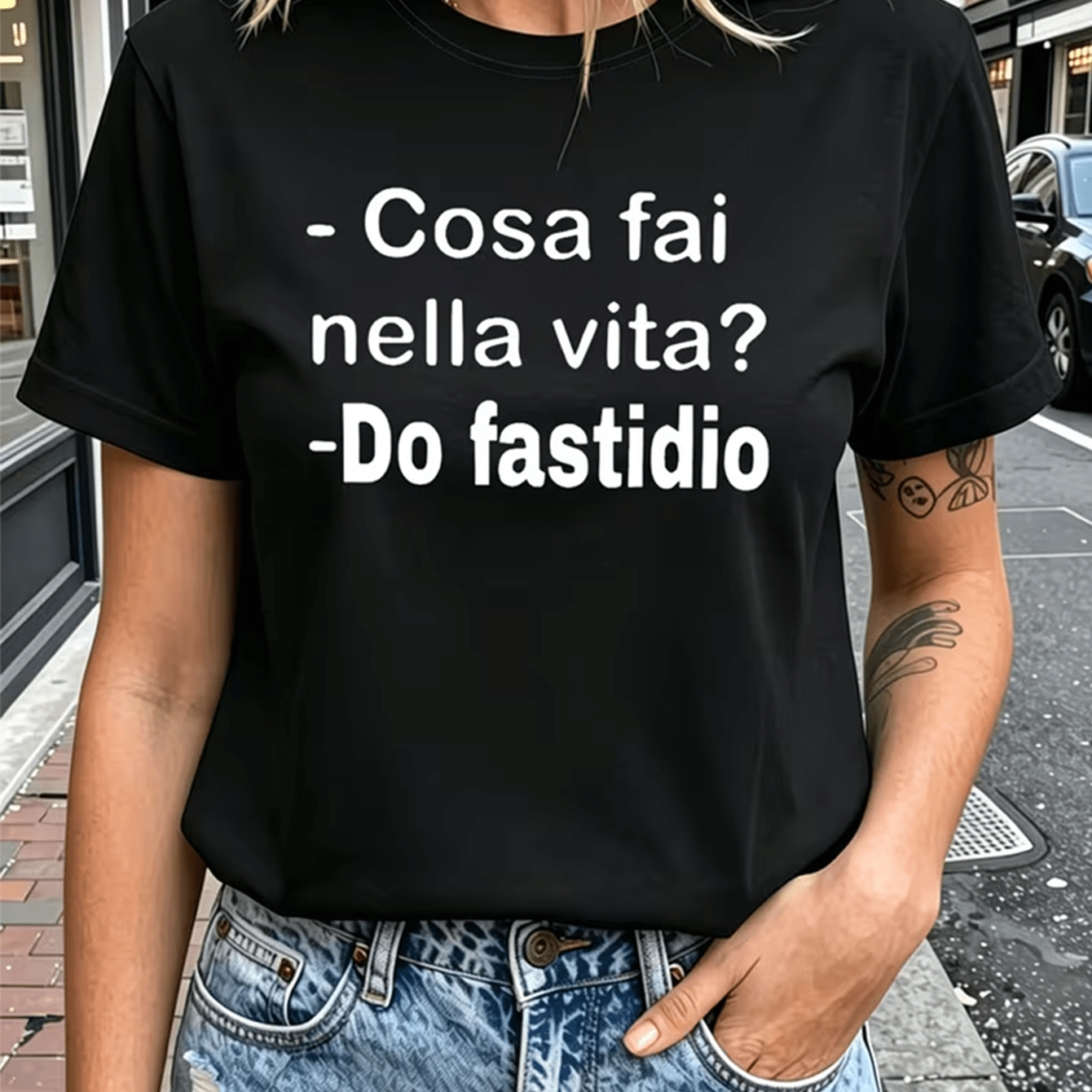 TEMU Italian Fun Slouching Conversation What Do You Life I Cause Annoyance White Letter Black Short Sleeve T-shirt, Suitable For Casual Shopping,