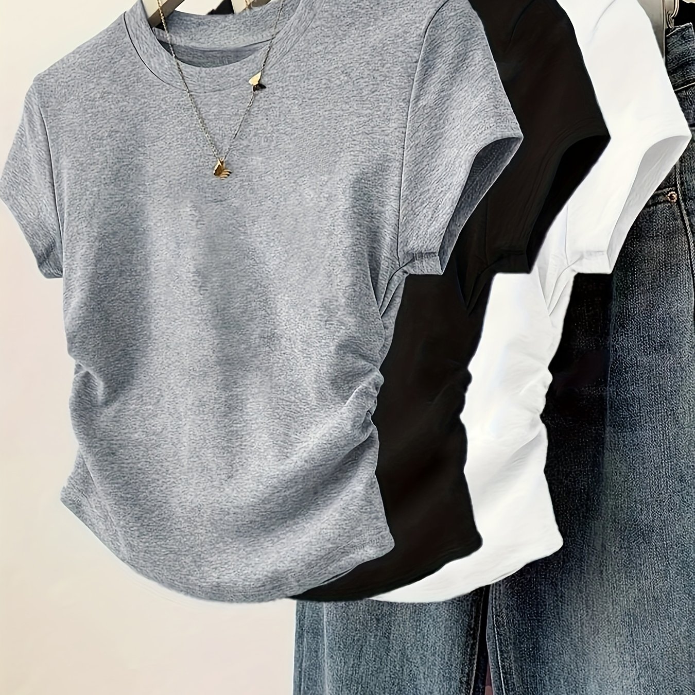 TEMU 3pcs Women's Casual Slim Fit Solid Color Detail Ruffle Solid Color Round Neck Short Sleeve T-shirt Set