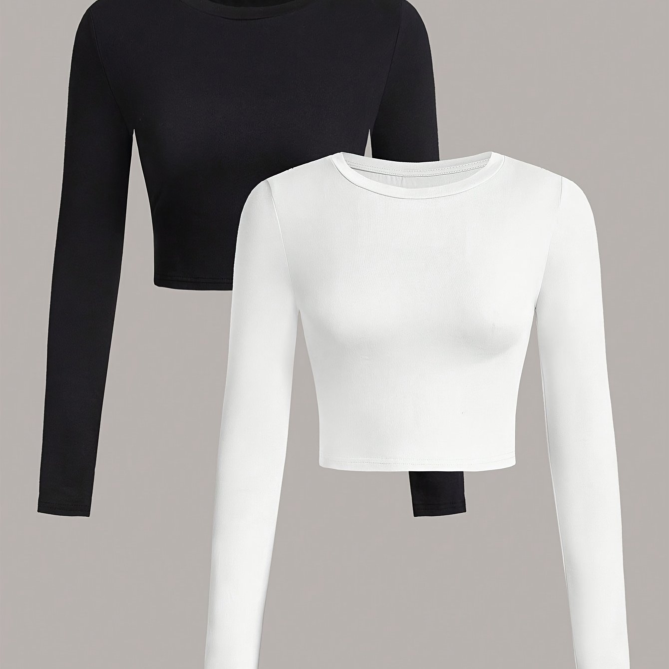 TEMU 2pcs/set Casual Solid Color Round Neck Long Sleeve Slim T-shirts, Suitable For