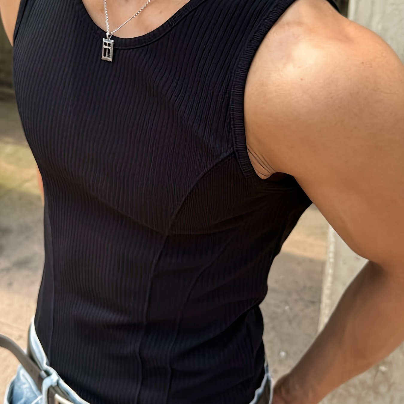TEMU Slim-fit Ribbed American-style Men's Summer Vertical Stripe Stretch Body-hugging Vest With , High-end Feel, Sleeveless Fitness Top