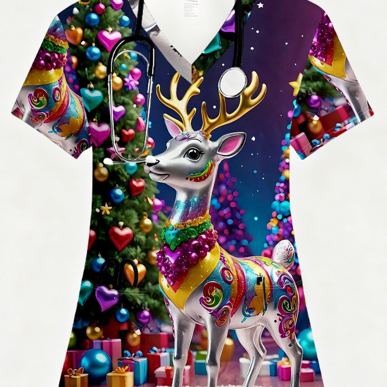 TEMU V-neck T-shirt With 2d Christmas Print, Vibrant Design, Pocket, Comfortable Stretch Fabric, Short Sleeve Workwear, Unique