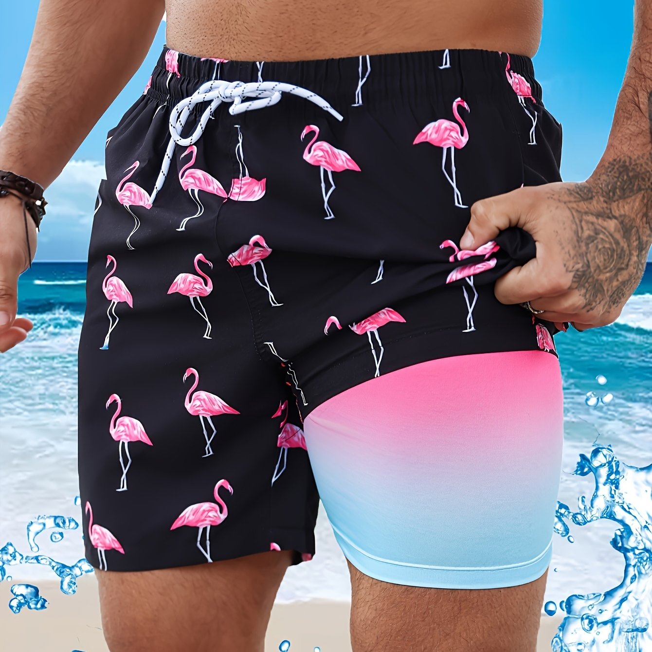 Men's Flamingo Print Two-piece Gradient Inner Beach Shorts To Avoid Awkwardness