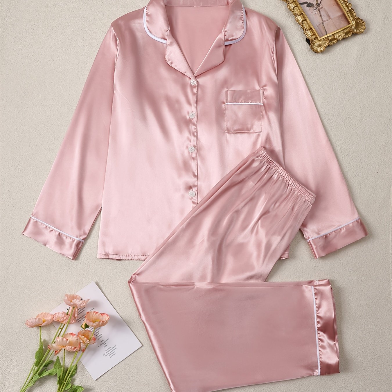 Image of Cardigan With Turned Collar And Turned Collar, Comfortable Solid Color Satin Pajamas - Soft Long Sleeve Button- Top, Elastic Waistband Trousers, Comfortable Women's Pajamas, Casual And Wearable