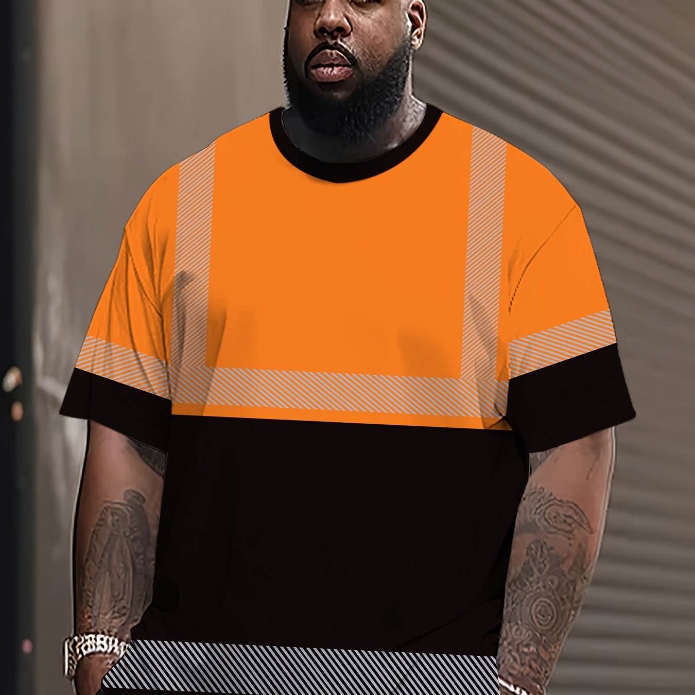 TEMU Men's Plus Size Print T-shirt, Plus Size Men' Short Sleeve, Men's Casual Athletic T-shirt - Orange Black Contrast And Light Gray Stripes, Trendy