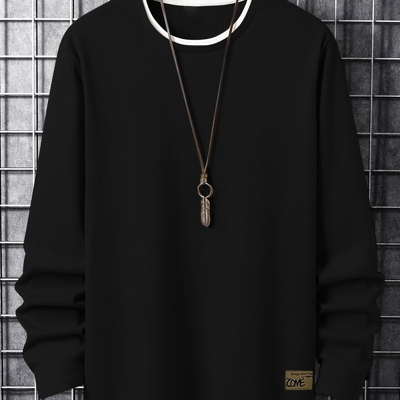 TEMU Trendy Versatile Men's Long Sleeve, Skin-friendly And Comfortable - Casual Fashion - Breathable Waffle Knit Labeled Long Sleeve T-shirt