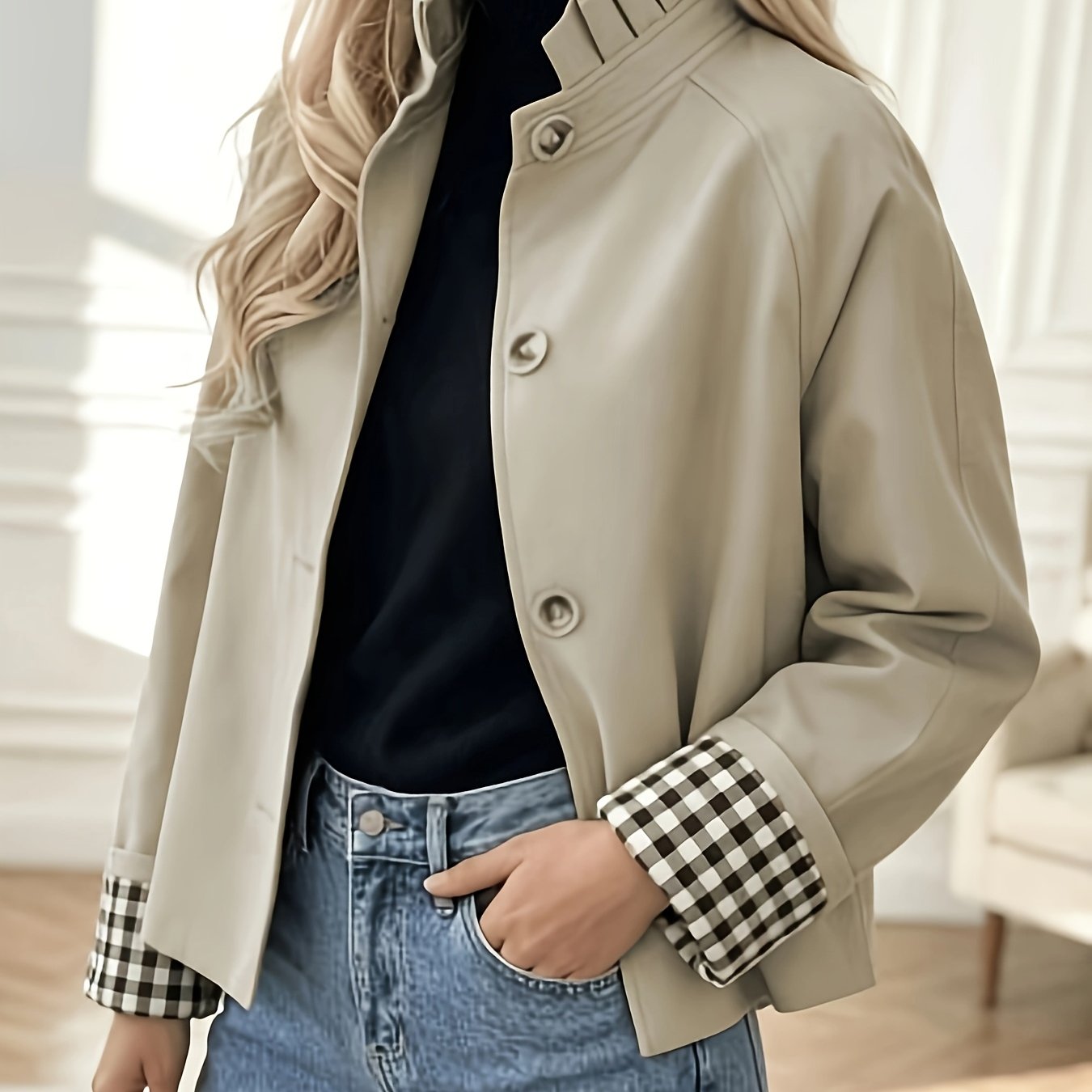 TEMU Abrigo corto de estilo francés/ de /otoño, moda premium, versátil, casual, forro a cuadros con detalles ocultos y , ideal para el trabajo, digno